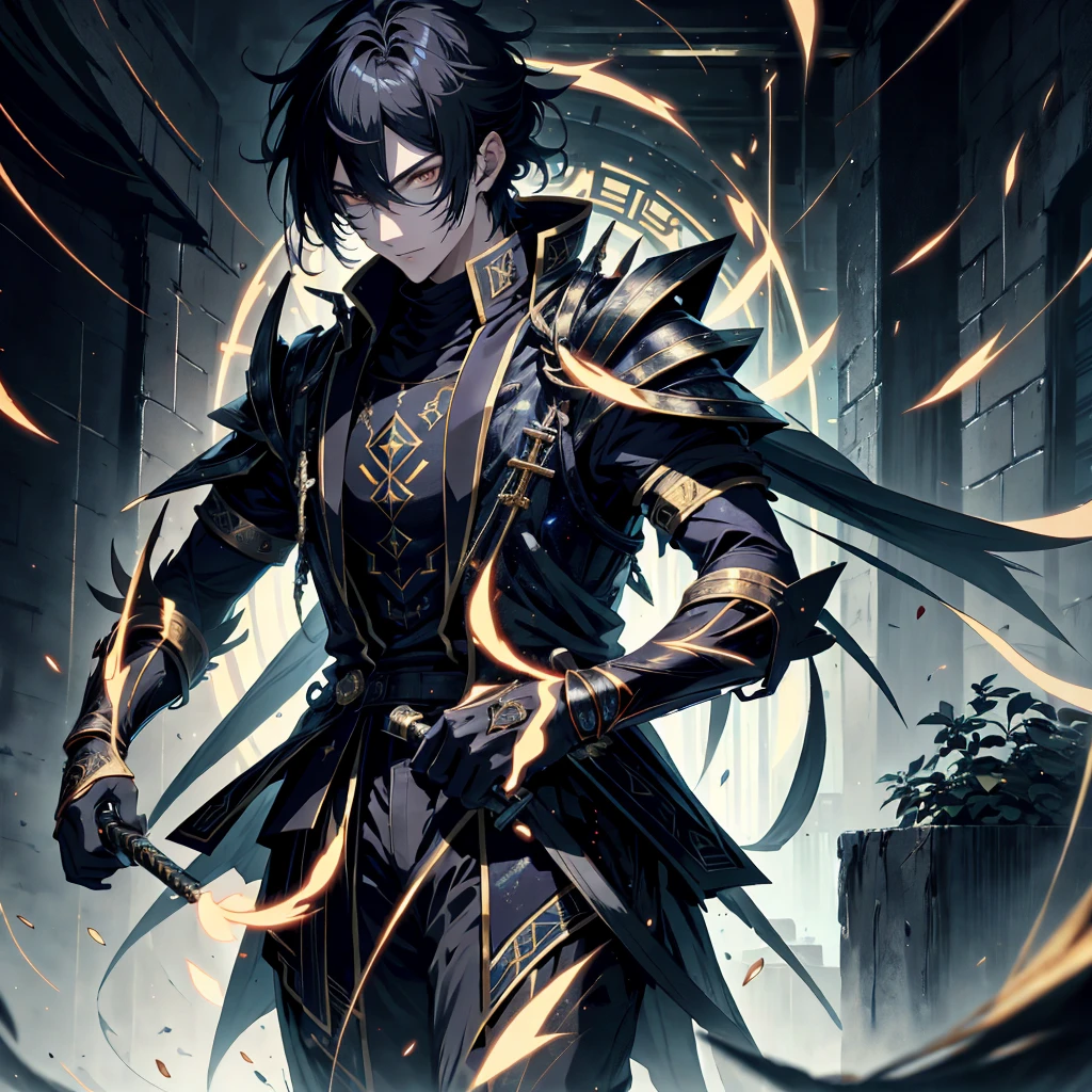 An anime boy with venerable, exquisite features, three-dimensional facial structures, and a perfect face, wearing a warrior's attire and wielding a sharp sword, boasts too good eyesight. His bright, piercing gaze is complemented by his luscious, jet-black hair and radiant, gleaming skin. His body, protected by intricately designed armor, is lean and muscular, displaying every detail with precision and realism. The light particles surrounding him enhance the masterpiece-like qualities of this high resolution, luxury anime artwork. With every detail carefully crafted, from his sharp facial features to his lifelike eyes, this artwork is a testament to the skill of