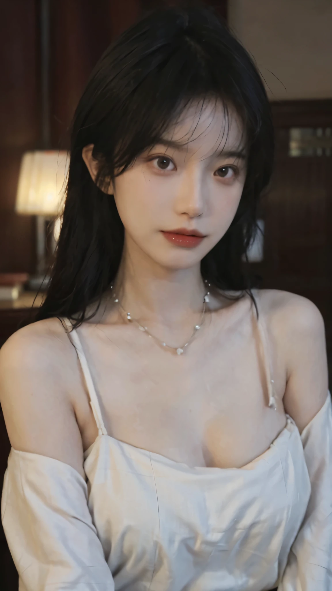 Film portrait photography, 2 girls, Bare shoulders,Lipstick,(flat chest:1.4), Wear a necklace,Cute expression,Exquisite makeup,Red suspenders,serene, calm, (Realistic and detailed eyes, Natural skin texture, Realistic facial details), Big breasts:1.6,Big Breasts,Soft dramatic lighting, Depth of Field, Bokeh, Vibrant details, Detailed and detailed, Surreal, 35mm film, hazy, ,