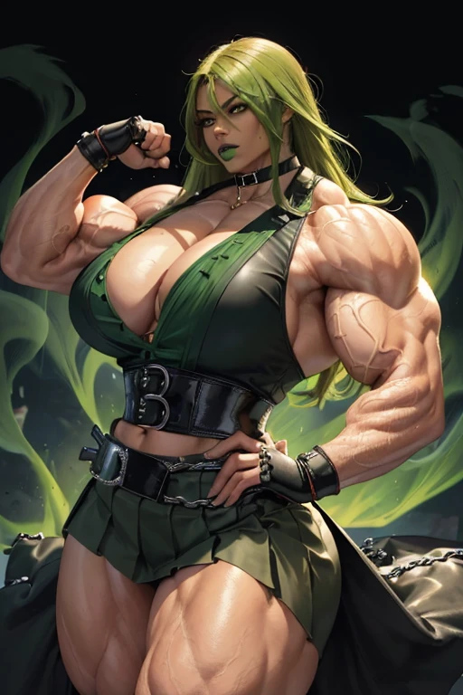 ((((Massive tall, beautiful, buff, light brown skinned muscular woman with green hair, black lipstick, ginormous bulky muscles, holding green flames and wearing an half button down black blouse with pleated skirt and leather coat)))), close view, massive muscle, massive biceps, hyper muscle shoulders, ((ginormous muscle arms)), hyper muscle triceps, (curvy long hair), orange eyes, choker, pleated skirt, (chain belt), black coat, black boots, (fingerless gloves), (black smoke surrounding the body), in a darken skyscraper office, sexy glare, night, hyper vascular arm, hyper muscles arms, hyper muscle legs, (ginormous arms).