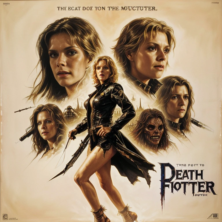 DEATH FIGHTER - original motion picture soundtrack, [ Oil painting ], Monster horror movies, In the center, a beautiful woman in a sexy outfit is running away., In the background, a horde of creepy monsters is chasing it.、soundtrack jacket、Digitally Remastered, Kinematics」, John Maggs, Roy Dargano, Movie Posters, Album cover, 1 9 7 0 sMovie Posters, Oil painting