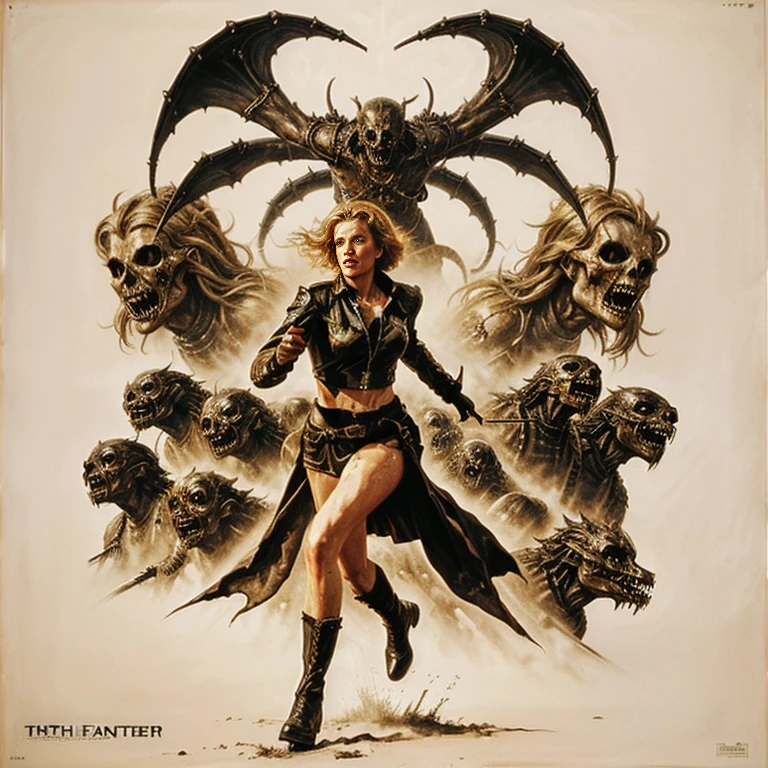 DEATH FIGHTER - original motion picture soundtrack, [ Oil painting ], Monster horror movies, In the center, a beautiful woman in a sexy outfit is running away., In the background, a horde of creepy monsters is chasing it.、soundtrack jacket、Digitally Remastered, Kinematics」, John Maggs, Roy Dargano, Movie Posters, Album cover, 1 9 7 0 sMovie Posters, Oil painting