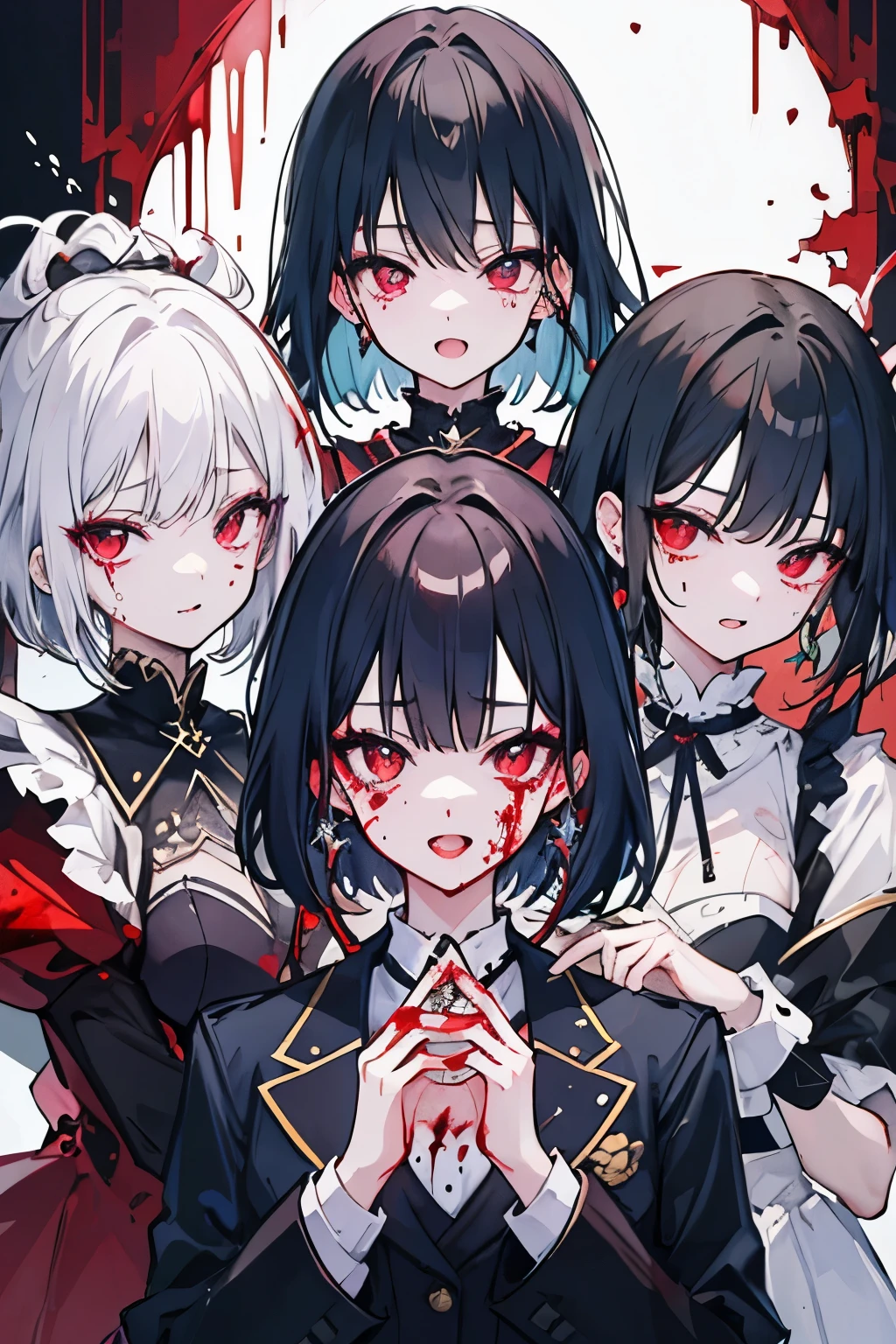 ((highest quality)), ((masterpiece)), (detailed), Perfect Face、
Anime girl with blood on her face、Two other girls with blood on their faces and knives、Wearing a black suit、

Black Hair、short、Straight Hair、