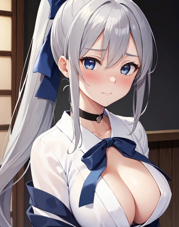 (((masterpiece))), ShizukaMikazuki, One Girl, alone, View audience, Long Hair, Gray Hair, Long sleeve, Cleavage, Large Breasts, Mature Body,clavicle,,  blue eyes, High Ponytail, The look of temptation,Embarrassed face, Japanese high ,  , Blouse with collar,Navy blue mini skirt, Navy blue head ribbon, Laugh shyly,Gymnasium at dusk, Close-up of a face