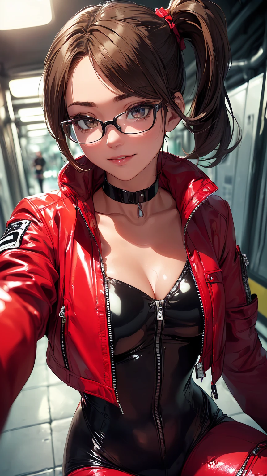 NSFW, (8k, RAW photo, high quality, masterpiece:1.2), glasses, Professional photo shoot, cinematic light, alone, (((young woman))), (detailed expression), (round eyes), (small face), (high detail skin:1.2), clavicle, cute face, beautiful appearance, long eyelashes, beautiful chest line:1.5, (brown hair, side ponytail, black eye), (choker), (slim body shape:1.4, A woman with a slender figure and big breasts), very detailed face and skin texture, fine eyes, double eyelid, joy, (((mysterious smile))), ((facing the front:1.2)), (((dim underground facility:1.2))), ((Close-fitting red bodysuit,Rubber texture, Outer solid flap pocket crop jacket₋Black:1.5)), ((spread your legs:1.4, tight-fitting body suit, facing the front, beautiful skin, shiny skin, perfect fingers, five fingers, anatomically correct, background bokeh, high quality, surreal, bright colors, ((Nikon, 135㎜, f/1.8, very detailed, photo shoot)),