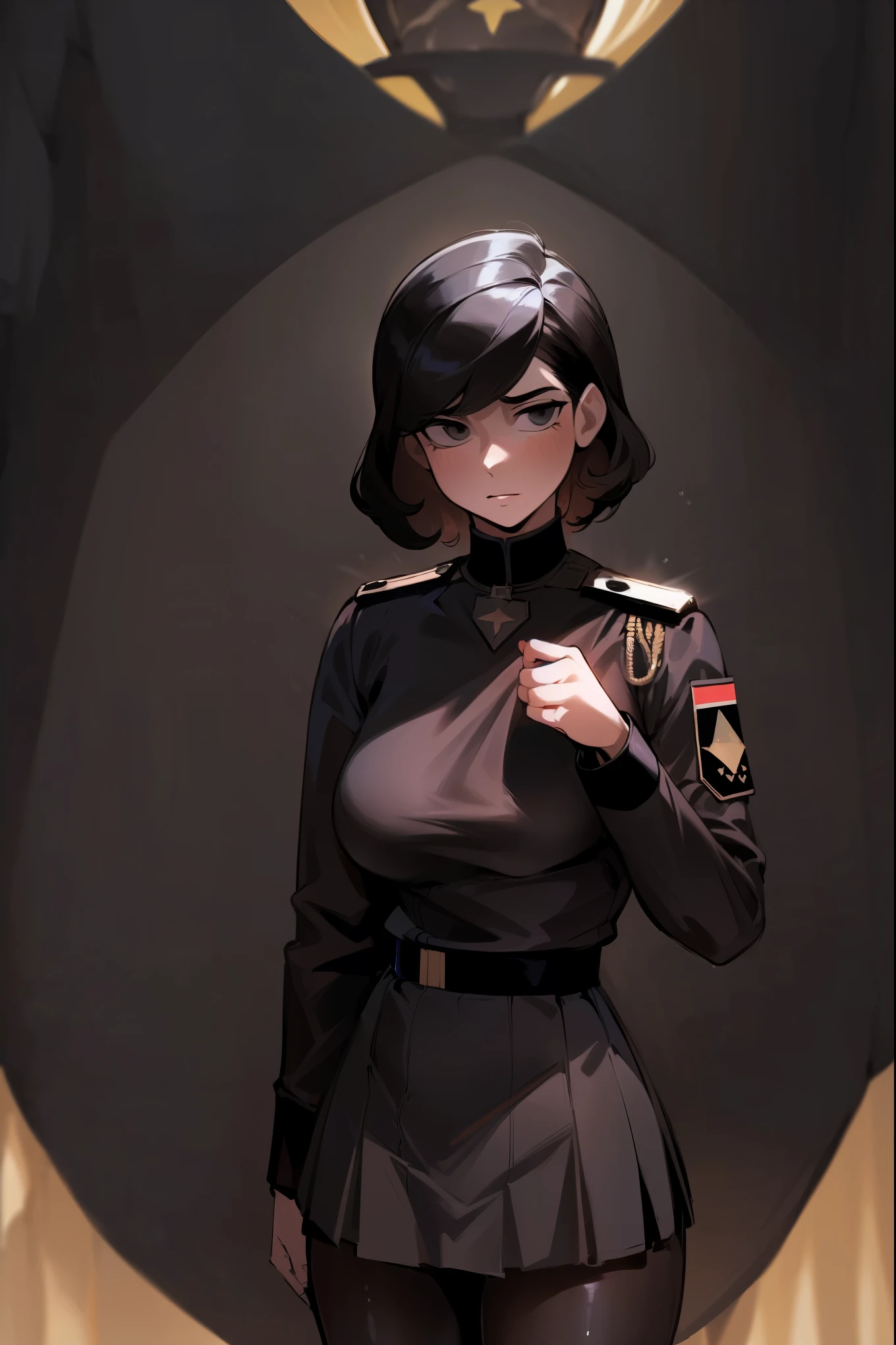 (highest resolution, distinct_image), best quality, masterpiece, highly detailed, semi realistic, a woman with short black hair, mature woman, triple bangs, black uniform, black pleated skirt, military uniform, medals, magnificent military uniform, beautiful woman, spaceship space, control room, commander
