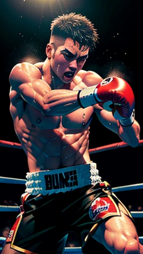 (Masterpiece, High Quality, Boxing Match, Realistic Render, Dynamic Lighting, Dramatic Shadows, Detailed Textures, Muscular Bodies, Boxing Gloves, Sweat Droplets, Intense Expression, Cross-Counter, In the Ring, Detailed Background, Crowd Cheering, Ringside Seats)
A masterpiece, in high quality, presents a riveting boxing match. The detailed textures of the boxers' muscular bodies gleam under the dynamic lighting, their determined expressions etched in every line. Sweat drips from their brows, and the sound of punches resonates through the detailed background.
The first boxer