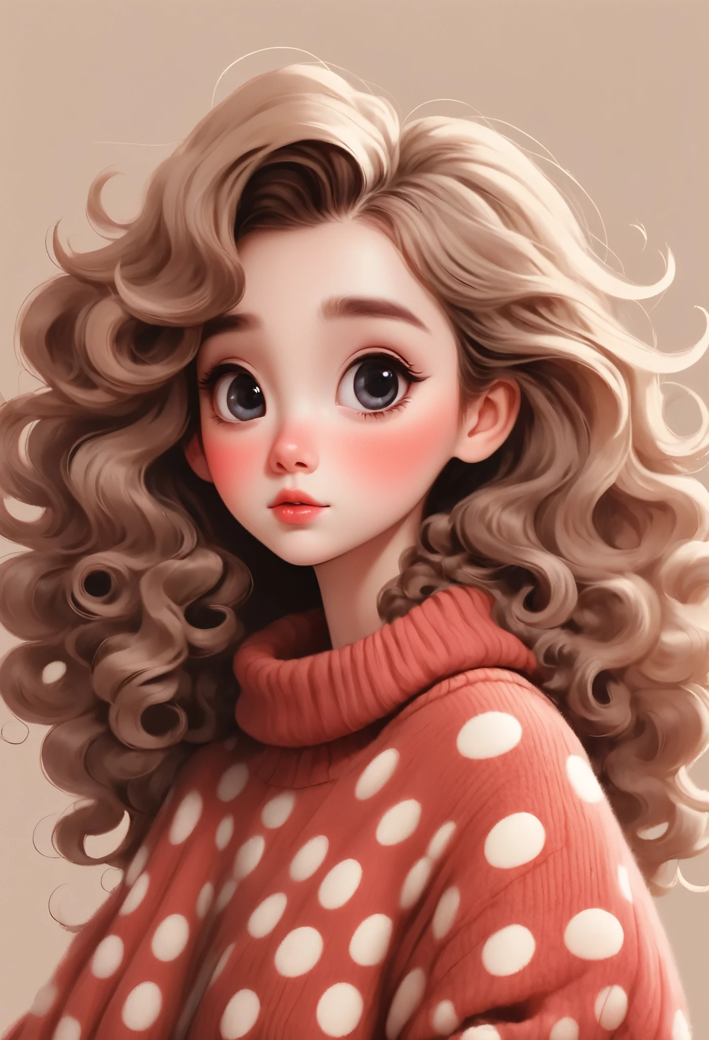 (masterpiece, best quality:1.2), 1 Girl，Unique，cute girl with big eyes, Wearing an oversized polka dot sweater, Hair styled into soft curls，Draped over the shoulders, Soft tones，Disney style, Cartoon character design, Use simple lines, As a flat illustration, Solid color background, 