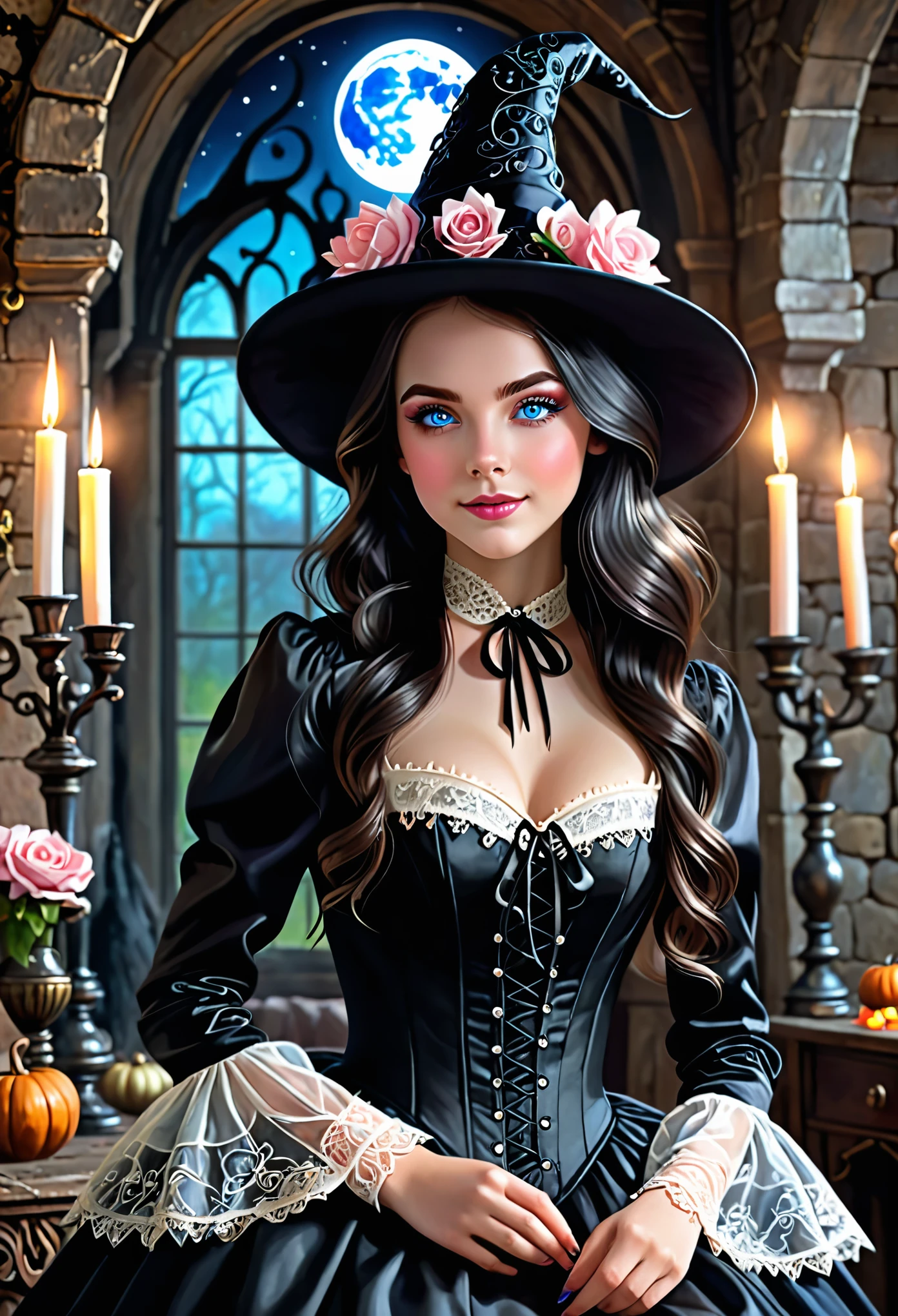 best quality,ultra-detailed,realistic,photorealistic,blue-eyed,long-haired girl looks happy,beautiful detailed eyes,beautiful detailed lips,long eyelashes,best quality painting,detailed,physically-based rendering,ultra-fine painting,fine details,painting,a age boy a teenboy joins a witch coven and he gets magically transformed into a cute teenage h girl, she loves her new identity has a maiden of witchcraft and eager to learn magic,gender bending,witches are helping dressing up the new girl,girl happily getting dressed in a stunning black victorian dress, physically-based rendering,gorgeous dress design,flowing gown,elaborate lace details,rich textures,contrast stitching,delicate ribbon bows,floral accents,full skirt,high neckline,long sleeves,fitted waistline,flared cuffs,lace-up back,luxurious fabrics,flawless silhouette,high heels, pink-eyed girl,effeminate face,pointy hat,high heels,corset,long black hair,witches assisting in dressing up the new girl in a stunning black Victorian dress, inside an abandoned castle with worned out furniture and occult symbol, happy and excited expression, joyful and radiant vibe, moonlit night with a full moon shining above, soft and ethereal lighting, high resolution, 4K, 8K