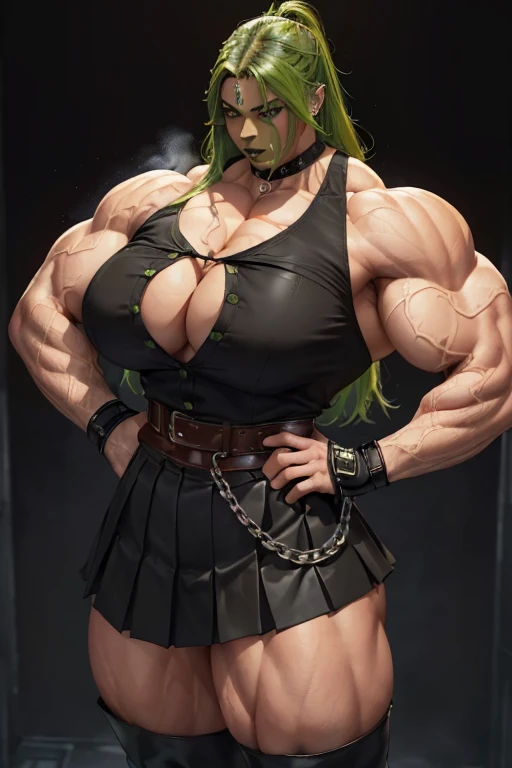 ((((Massive tall, beautiful, buff, light brown skinned muscular woman with green hair, black lipstick, ginormous bulky muscles, standing arms crossed and wearing an half button down black blouse with pleated skirt and leather coat)))), close view, massive muscle, massive biceps, hyper muscle shoulders, ((ginormous muscle arms)), hyper muscle triceps, (curvy long hair), orange eyes, choker, pleated skirt, (chain belt), black coat, black boots, (fingerless gloves), (black smoke surrounding the body), in a darken skyscraper office, sexy glare, night, hyper vascular arm, hyper muscles arms, hyper muscle legs, (ginormous arms).