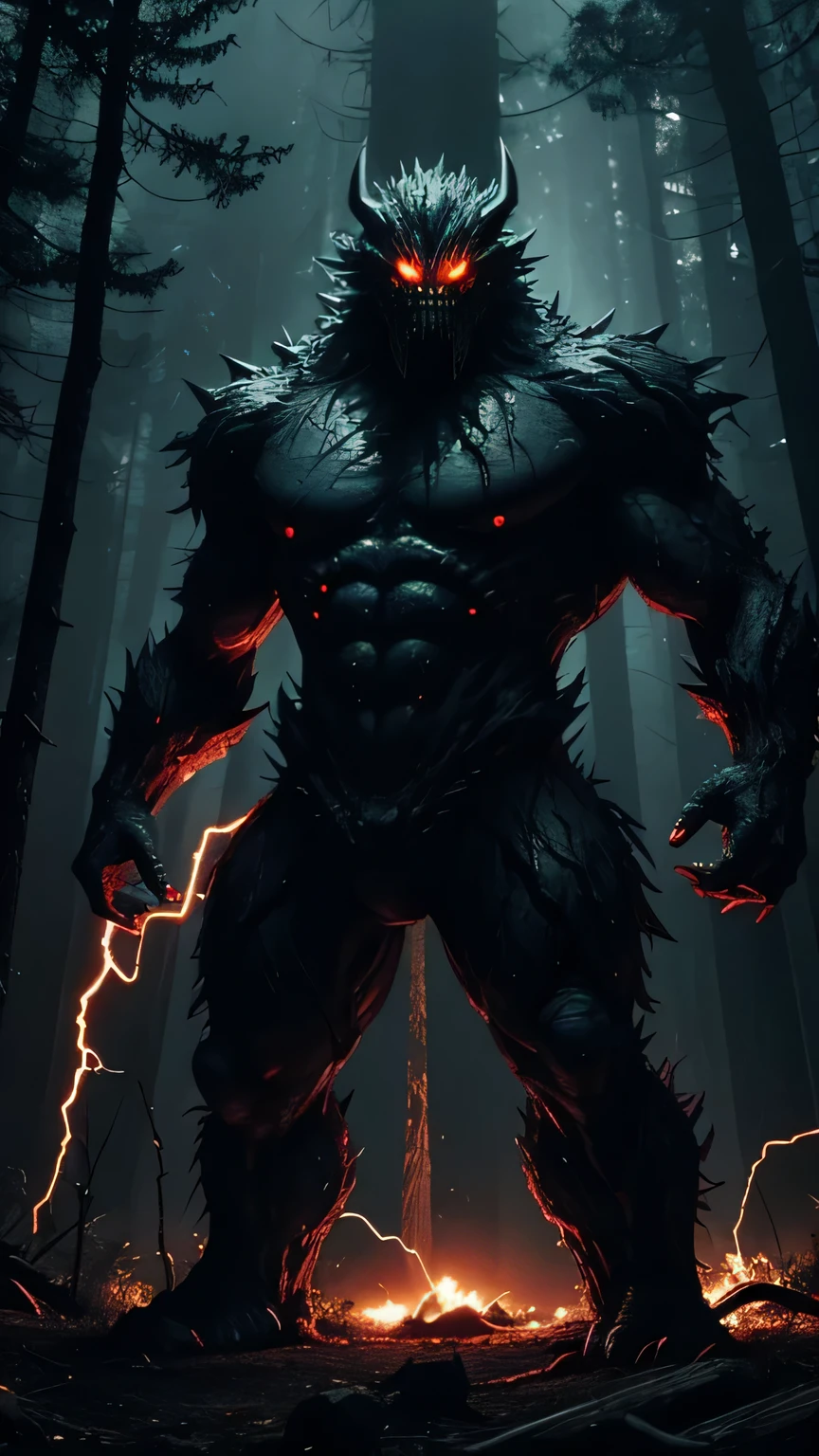 A scary monster made of electric current and some of it comming out of it standing in forest at mid night