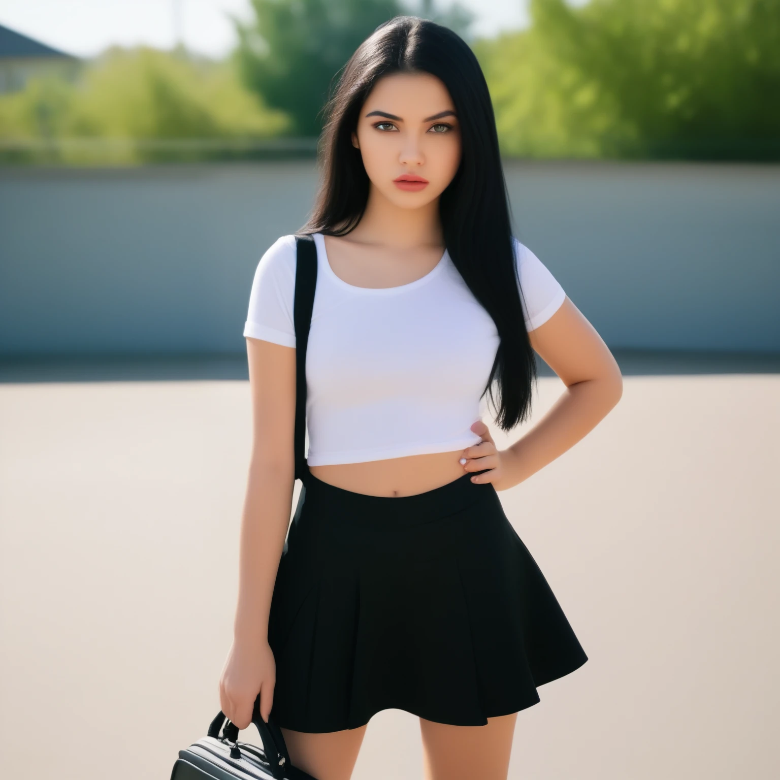 "(best quality,ultra-detailed,4k:1.2), frontal view, intense gaze, beautiful detailed eyes, full lips, long black hair flowing", "angry expression, with brows furrowed, lips pressed together", "wearing a black short skirt that emphasizes her rebelliousness", "carrying a [school bag] slung over one shoulder", "surrounded by a vibrant schoolyard", "bright, natural lighting casting a warm glow on her", "vivid colors giving the image an energetic and youthful feel", "capturing the essence of teenage rebellion and defiance"