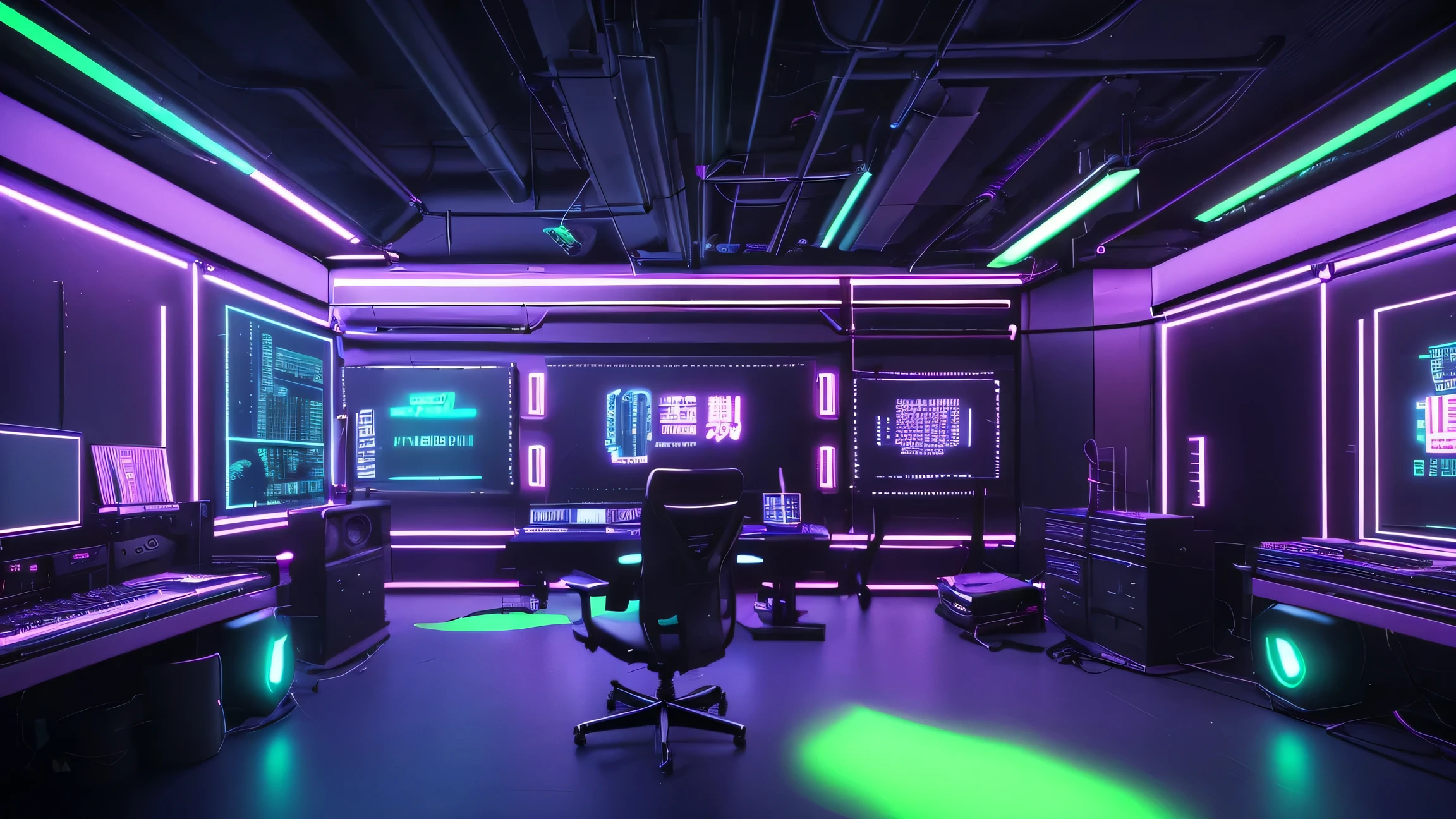 Realistic neon studio setup in the room,Cyberpunk Background,Front view,There is a big window behind,No people or chairs。