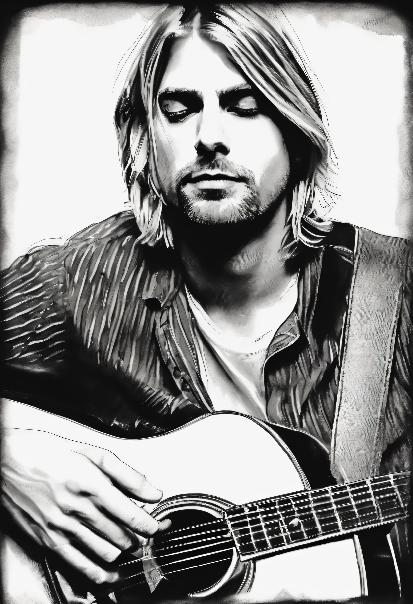 Charcoal outline on waste paper, Desenho de Kurt Cobain, dynamic poses, Arte de linha limpa,+linhas expressivas, Painting in expressive outline style, sombreamento, Black and white outline, hand painting, Charcoal outline on scrap paper, Desenho de Kurt Cobain, dynamic poses,Arte de linha limpa,+linhas expressivas,Painting in expressive outline style, sombreamento, Black and white outline, hand drawn, outline, estilo linear::Estilo de nota de outline outline, estilo linear::Estilo de nota de outline, a black and white photo of a man playing the guitar, Kurt Cobain, inspirado em Kurt Cobain, nirvana, (guitarra), unprecedented, Christian, Rasgar, inspirado em Kurt Cobain, obra de arte!!!, Kurt Cobain Portrait Hand Drawn Drawing, Vector illustration caricature, desenho animado