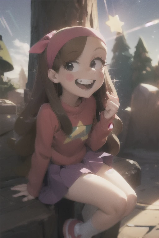 (medium:1.1), vibrate colors, Mabel Pines, day, masterpiece, best quality, Mabel, 1girl, centered, ***, flat chest, beautiful detailed eyes, beautiful detailed lips, whimsical, detailed landscape, Gravity Falls mystical signs, depth of field, night, light particles, light rays, thighs, fate \(series\), solo, long hair, red sweater, long sleeves, brown hair, black eyes, pink hairband, star \(symbol\), purple skirt, smile, open mouth, sweet, shoes, blush stickers, round teeth, buck teeth, tree, blue sky, wide hips, outdoors, Gravity Falls style, stars, glitter, 
