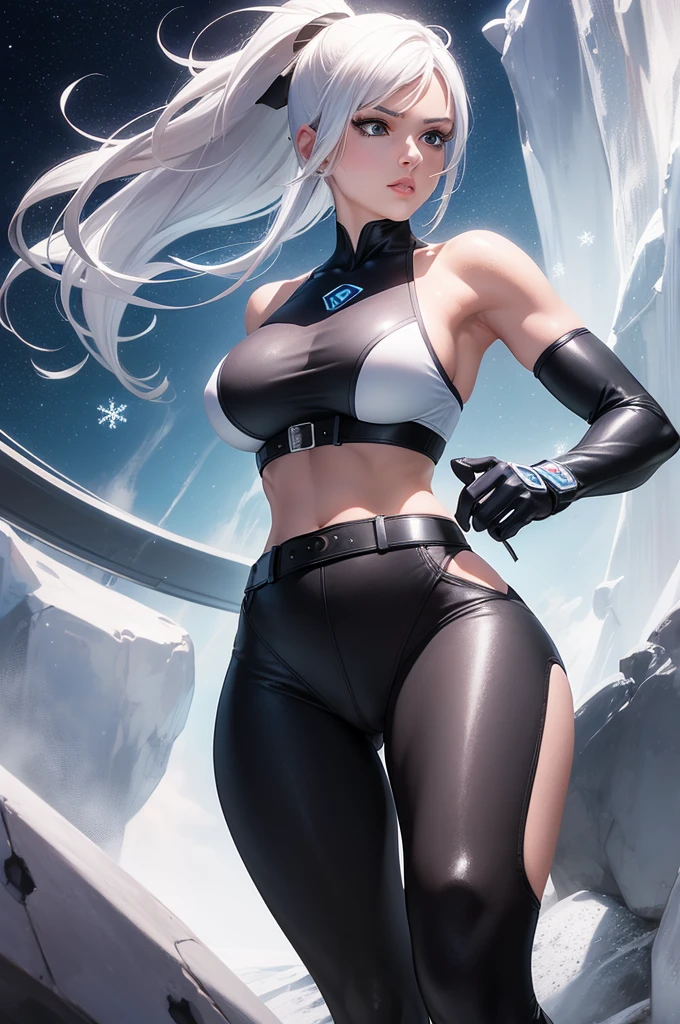 (Masterpiece, 4k resolution, ultra-realistic, very detailed) a superheroine, has ice powers, white hair ponytail, back midriff with blue outlines and a snowflake symbol on her right, has black gloves with fur on her the wrist part, wears black tight pants, with a blue belt, blue lines on the knee portrait photography by artgerm, in the style of realism, glistening skin, cartooncore, mangacore, natural lighting, Defined full lips. fitness feminine body