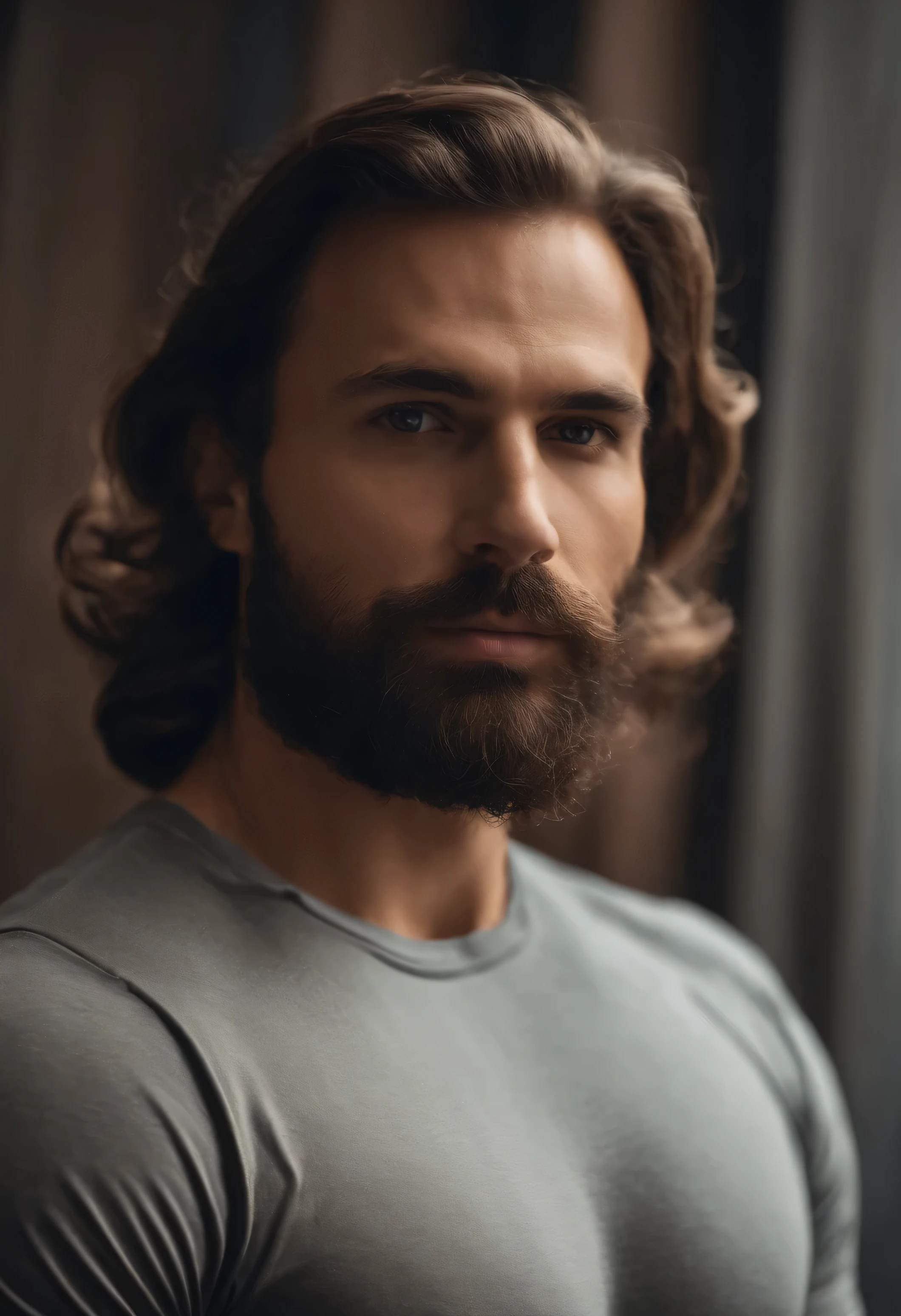 (Camiseta masculina branca), ), (usar uma longa barba,) Attractive and serious appearance, cabelo castanho, Estiloso e elegante, camiseta de corpo forte, imagem realista e de alta qualidade, ao fundo apartamento escandinavo com paredes azuis, (melhor qualidade, 8k, Obra de arte).