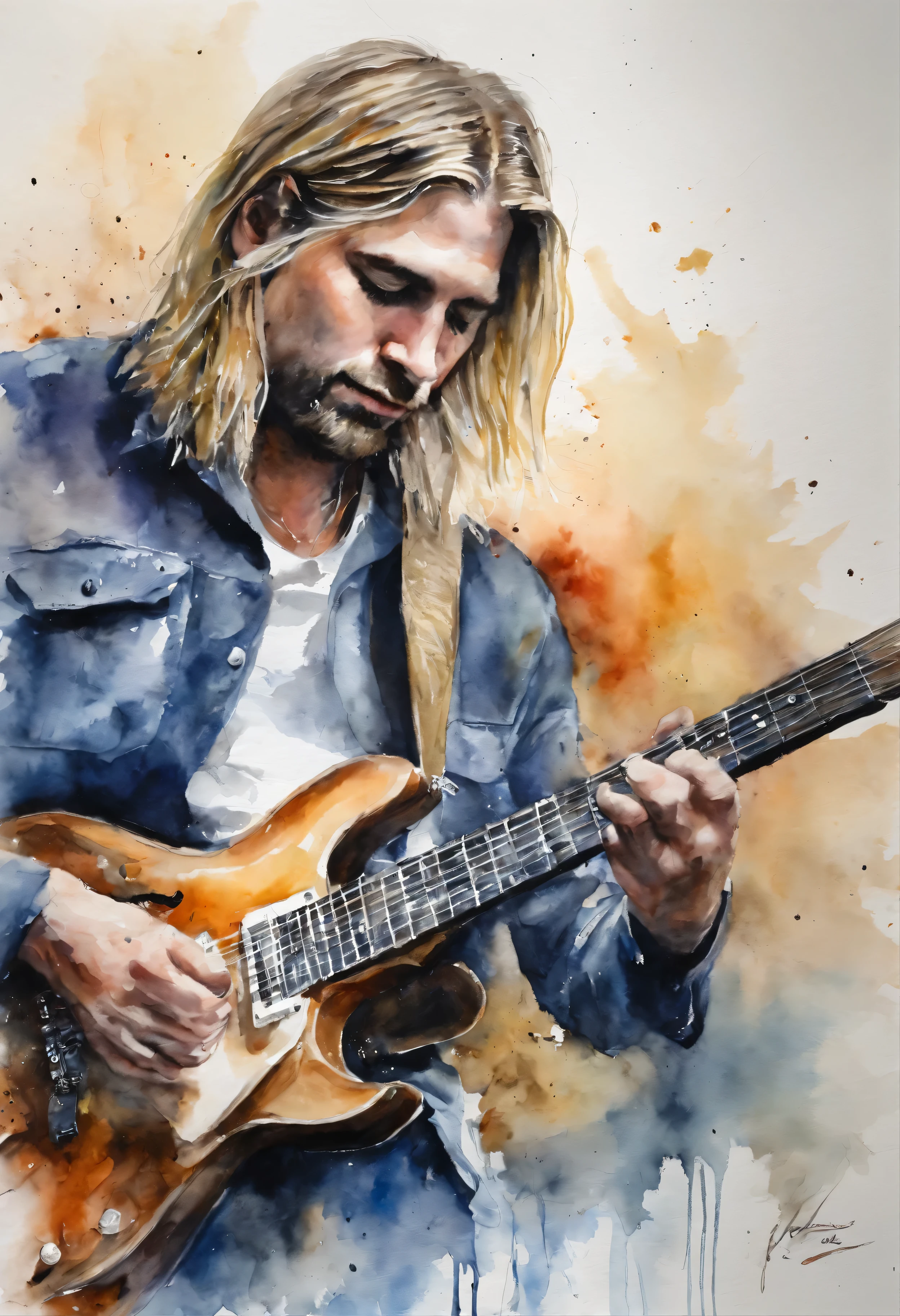 Guitarrista Kurt Cobain tocando guitarra em cima de uma montanha de gelo