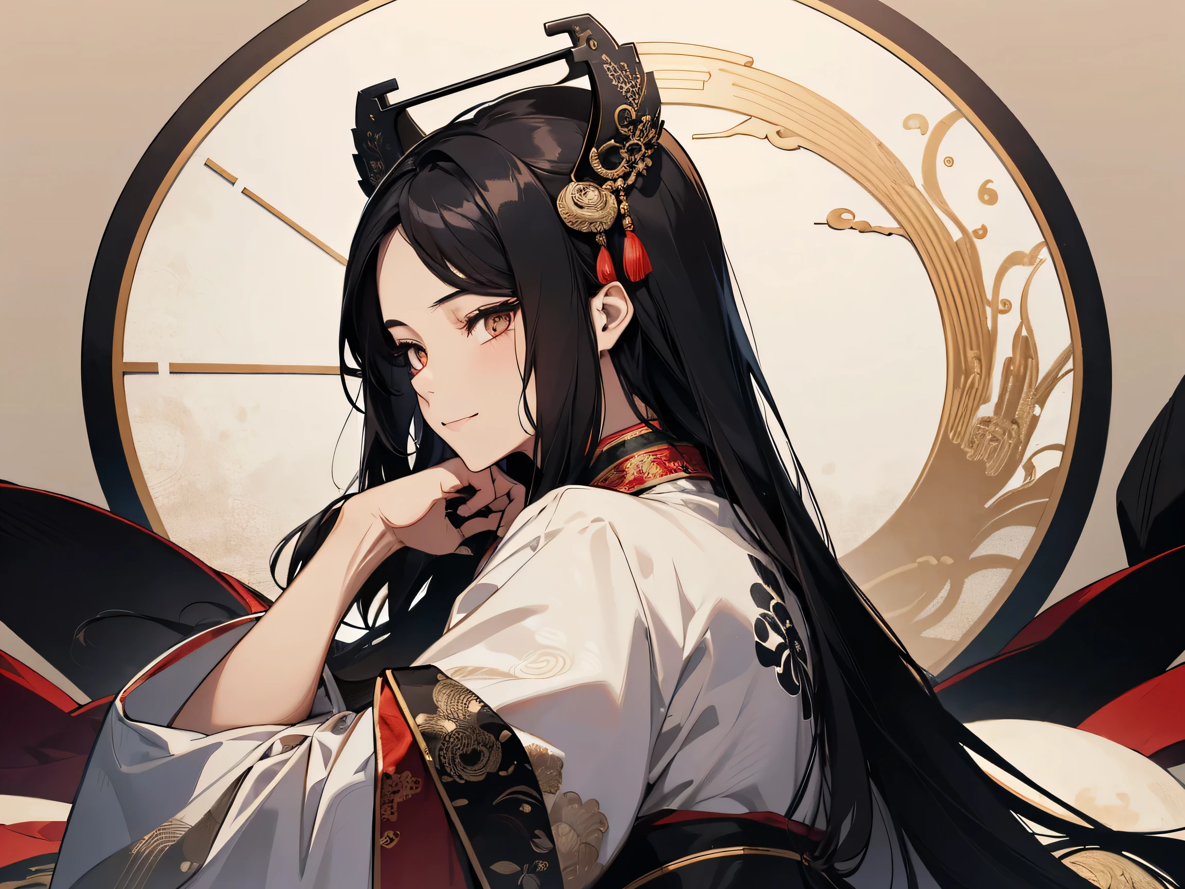1 person, teacher, Ancient Chinese attire,Side view, Black Hair, Long Hair, Look at the details, Fine grain, White eyes, With no expression, The background is the Chinese Yin Yang., resting one's elbows on a chair,Sitting on a chair,Smiling