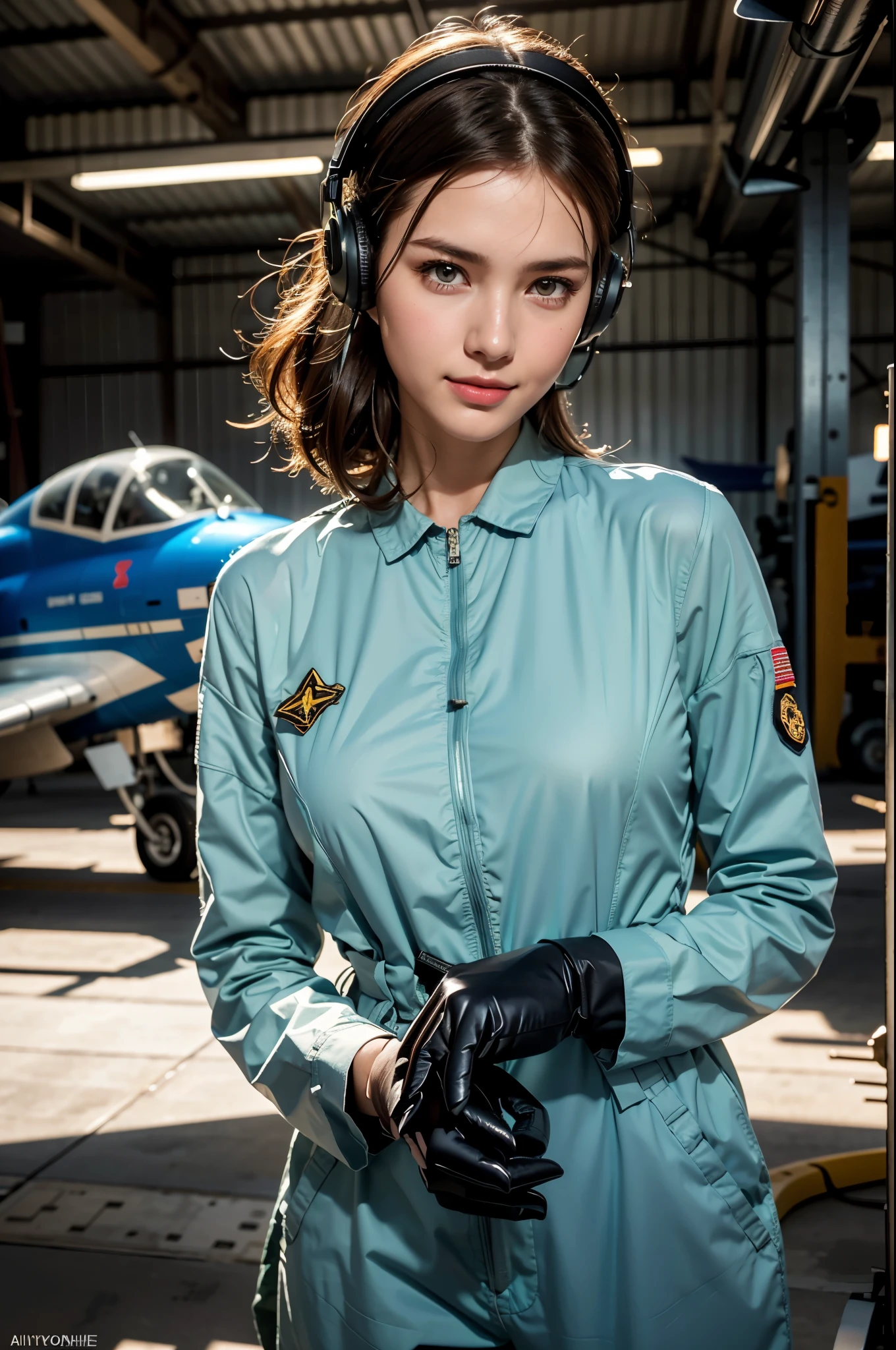Best quality, ((professional photograph, RAW photo)), Insanely realistic, an extremely delicate and beautiful, ultra high res, realistic lighting and shading, (Realistic image of a extremely pretty female Aircraft mechanic, solo), Inside a spacious Aircraft hangar, Monoplane fighters of the World War II era line the background, Aircraft parts scattered on the floor, Tools for maintenance, She does aircraft maintenance, (wearing Military camouflage patterned Long-sleeved mechanic's coverall), (wearing mechanic's heavy-duty glove), (Wearing a headset), her hair is tied back later, very professional mechanic, inscrutable smile, ((extremely beautiful depiction of the eyes and face)), (insanely beautiful natural skin texture), Accurate eyes, Accurate hands, Well-balanced overall body