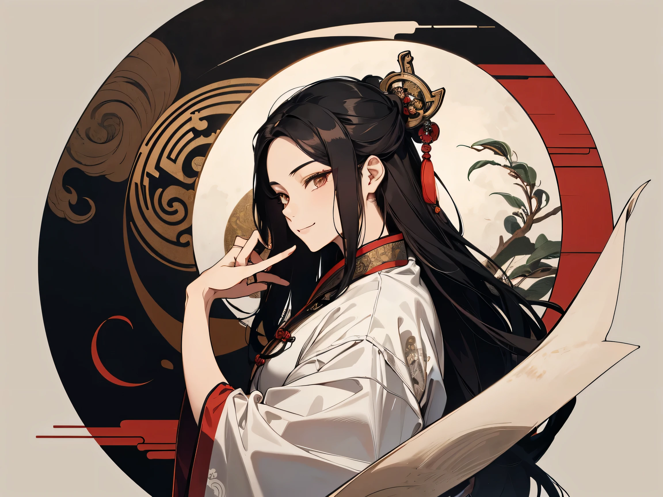 1 person, teacher, Ancient Chinese attire,Side view, Black Hair, Long Hair, Look at the details, Fine grain, White eyes, With no expression, The background is the Chinese Yin Yang., resting one's elbows on a chair,Sitting on a chair,Smiling