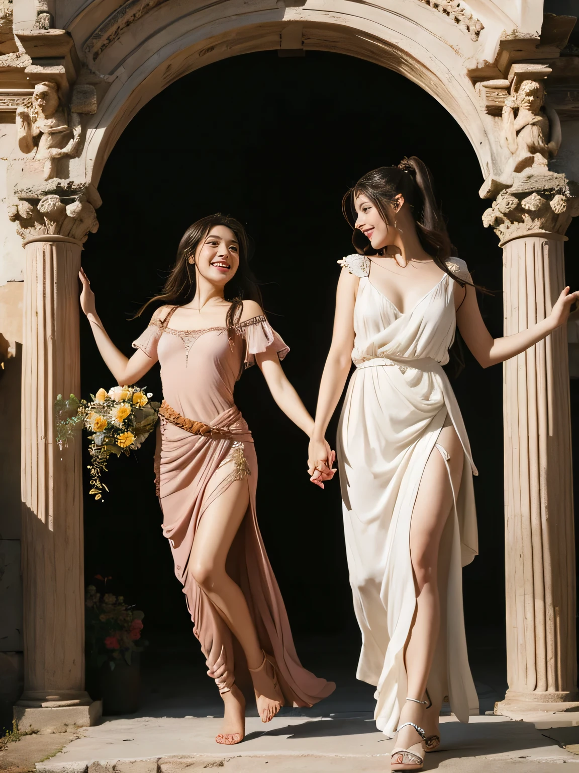 full body portrait or statue、Giorgione painting style,Arguments of two female Philosophe,math、astronomical machine、astronaut、roses in vase、fruits、Cute trinkets、smile、ancient greek costume、Ancient Roman landscape in the style of Nicolas Poussin,laughter,,Sweet and  appearance.、Caravaggio's paintings、Chiaroscuro of Caravaggio、hair tousled by the wind,Two women frolicking,cute smile, expression of ecstasy,Sexy,erotic, 