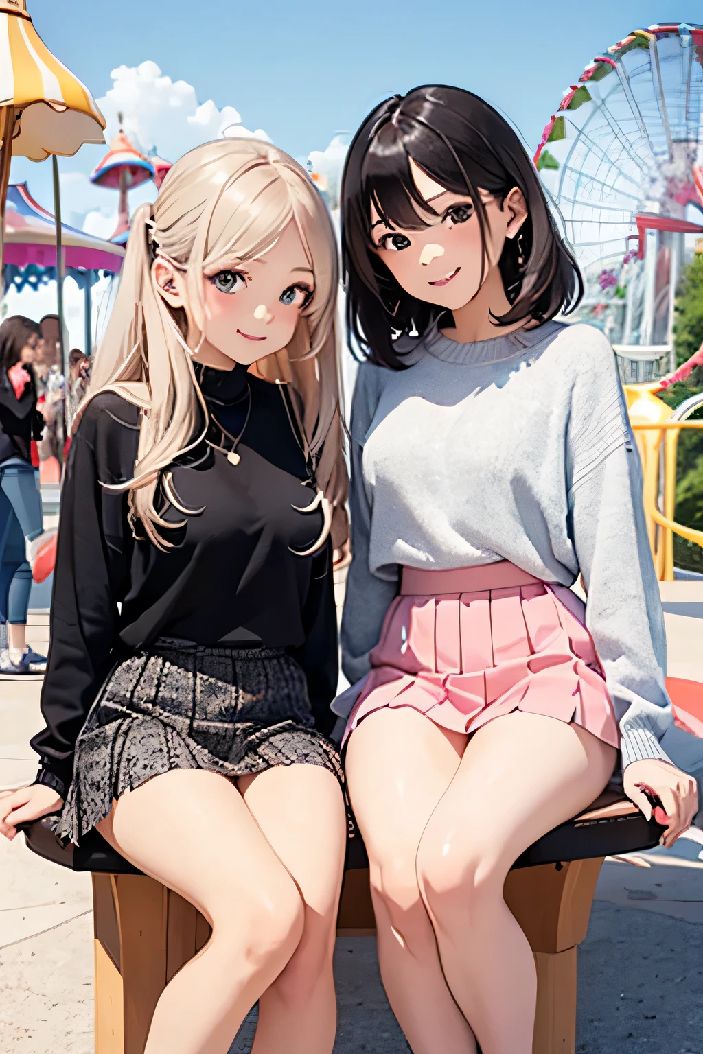 highest quality、High resolution、Detailed Background、(Beautiful face in every detail:1.4)、Anatomically correct、(Draw the usual number of fingers:1.2)、(Detailed facial expressions)、(Detailed eyes:1.2)、(Detailed eyes:1.2)、Beautiful, smooth skin、Teenage beauty、(Highly detailed face:1.4)、cute hair color、Braided Ponytail、Bobcut、Long Hair、Wavy Hairstyle、well-groomed eyebrows、Perfect body line、Cowboy Shot、
(Two pretty girls having fun with friends at an amusement park:1.5)、
Looking at me with a big smile、(White Stockings:1.2)、
Choose a mini skirt with a spring-like pattern or botanical print.、A-line and tight skirts are fashionable.、Pair the top with a blouse that has frills or lace details for a feminine look.、At my feetPair with heels or ballet shoes for a neat look.、
Choose a pleated mini skirt for a feminine look、Pastel colors and patterns are fashionable、Pair it with a light knit top or sweater for a spring look.、At my feet、Pair with loafers or heels、Add a neat look、cute