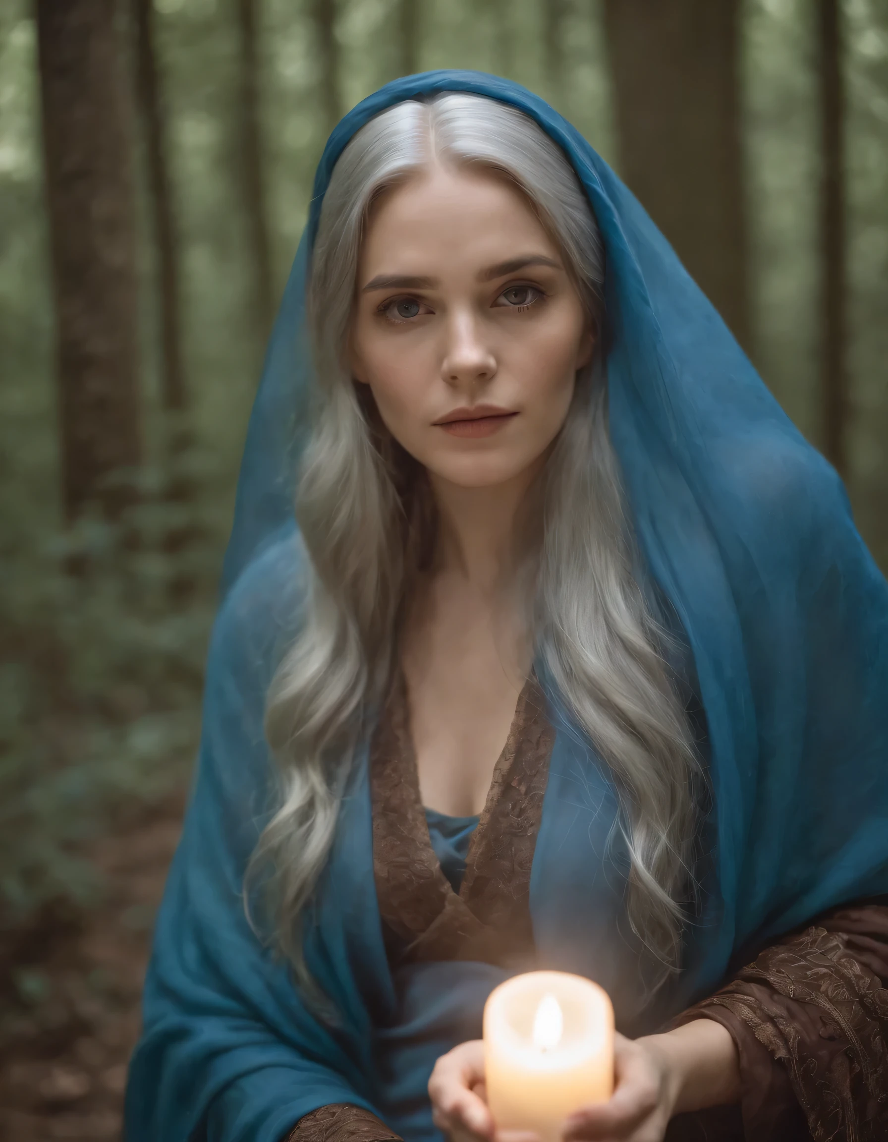 A girl with long gray hair and a blue shawl sat in the forest surrounded by candles, looking straight at the camera. She has a pair of brown eyes. She is holding a halo crystal ball in her hand. The gloomy shade covered her face, making her look even more mysterious. This photo was taken with a Canon camera and has a high resolution. It depicts a real person, portrayed as a mysterious forest woman