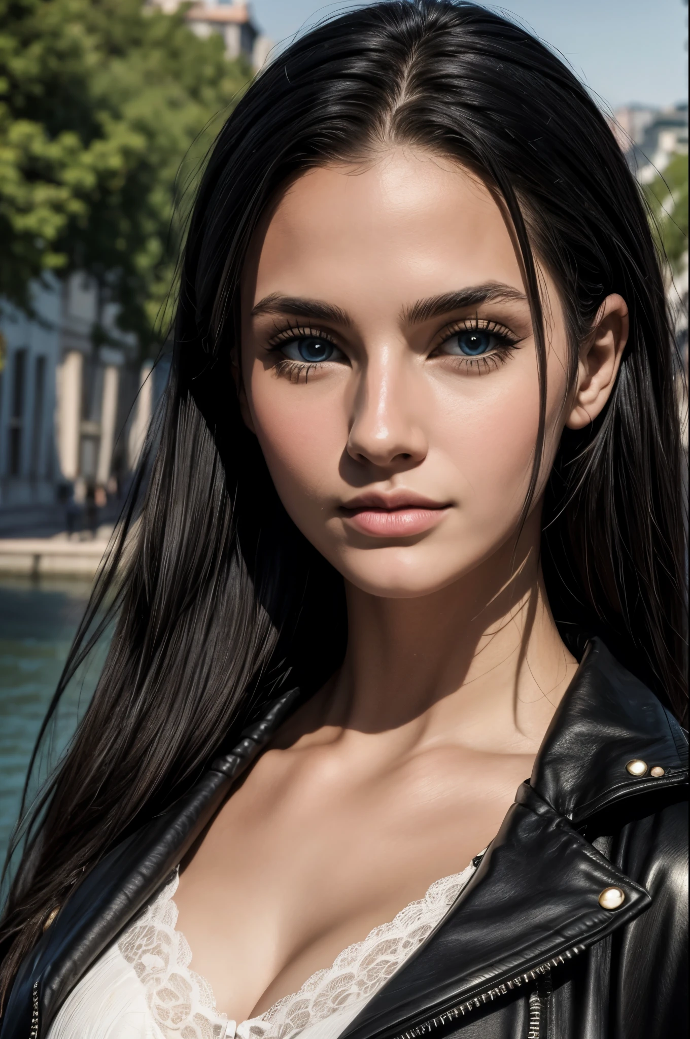 masterpiece, best quality, extremely detailed, hyperrealistic:1.1, photorealistic, a beautiful 20s russian model, ultra detailed face:1.1, black hair, black leather jacket, river, city, half smile, putting index finger on own mouth

