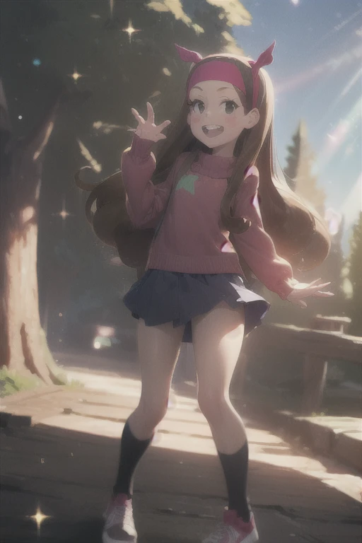 (medium:1.1), vibrate colors, Mabel Pines, day, masterpiece, best quality, Mabel, 1girl, centered, ***, flat chest, beautiful detailed eyes, beautiful detailed lips, whimsical, detailed landscape, Gravity Falls mystical signs, depth of field, night, light rays, thighs, fate \(series\), solo, long hair, red sweater, long sleeves, brown hair, black eyes, pink hairband, star \(symbol\), purple skirt, smile, open mouth, sweet, shoes, blush stickers, round teeth, buck teeth, tree, blue sky, wide hips, outdoors, Gravity Falls style, stars, glitter, 
