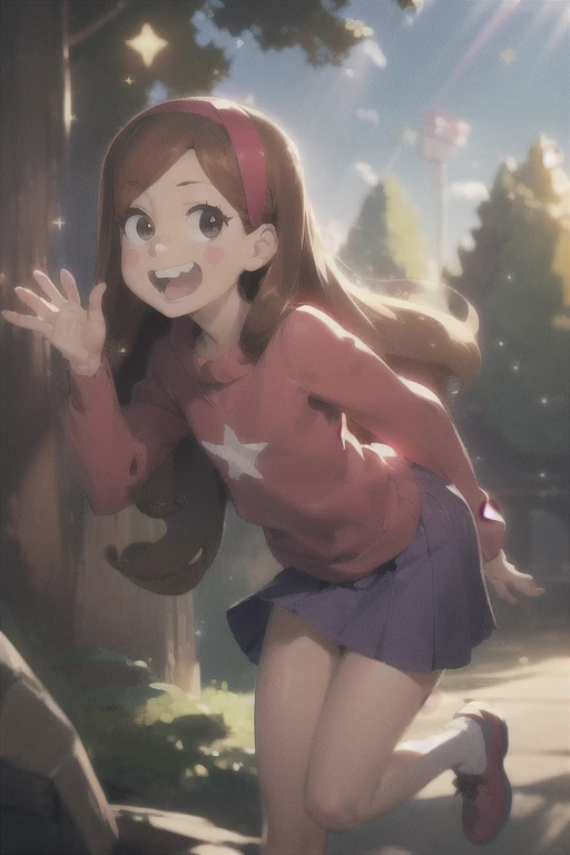 (medium:1.1), vibrate colors, Mabel Pines, day, masterpiece, best quality, Mabel, 1girl, centered, ***, flat chest, beautiful detailed eyes, beautiful detailed lips, whimsical, detailed landscape, Gravity Falls mystical signs, depth of field, night, light rays, thighs, fate \(series\), solo, long hair, red sweater, long sleeves, brown hair, black eyes, pink hairband, star \(symbol\), purple skirt, smile, open mouth, sweet, shoes, blush stickers, round teeth, buck teeth, tree, blue sky, wide hips, outdoors, Gravity Falls style, stars, glitter, 
