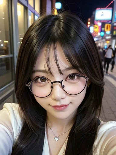 (Best image quality, The best surreal quality, Highest Resolution, Perfect Anatomy, masterpiece, Most detailed, Actual photo), ((Beautiful and cute Japanese women, Japanese idol faces)), smile,  break, ((Random Seduction Pose:1.5, office lady, Random Hairstyles)):1.2, Self snap:1.3, (The location is downtown Tokyo at night.), break, (Wear a Tiffany open heart necklace),clothing(In a suit、Underexposed eyes、Glasses)