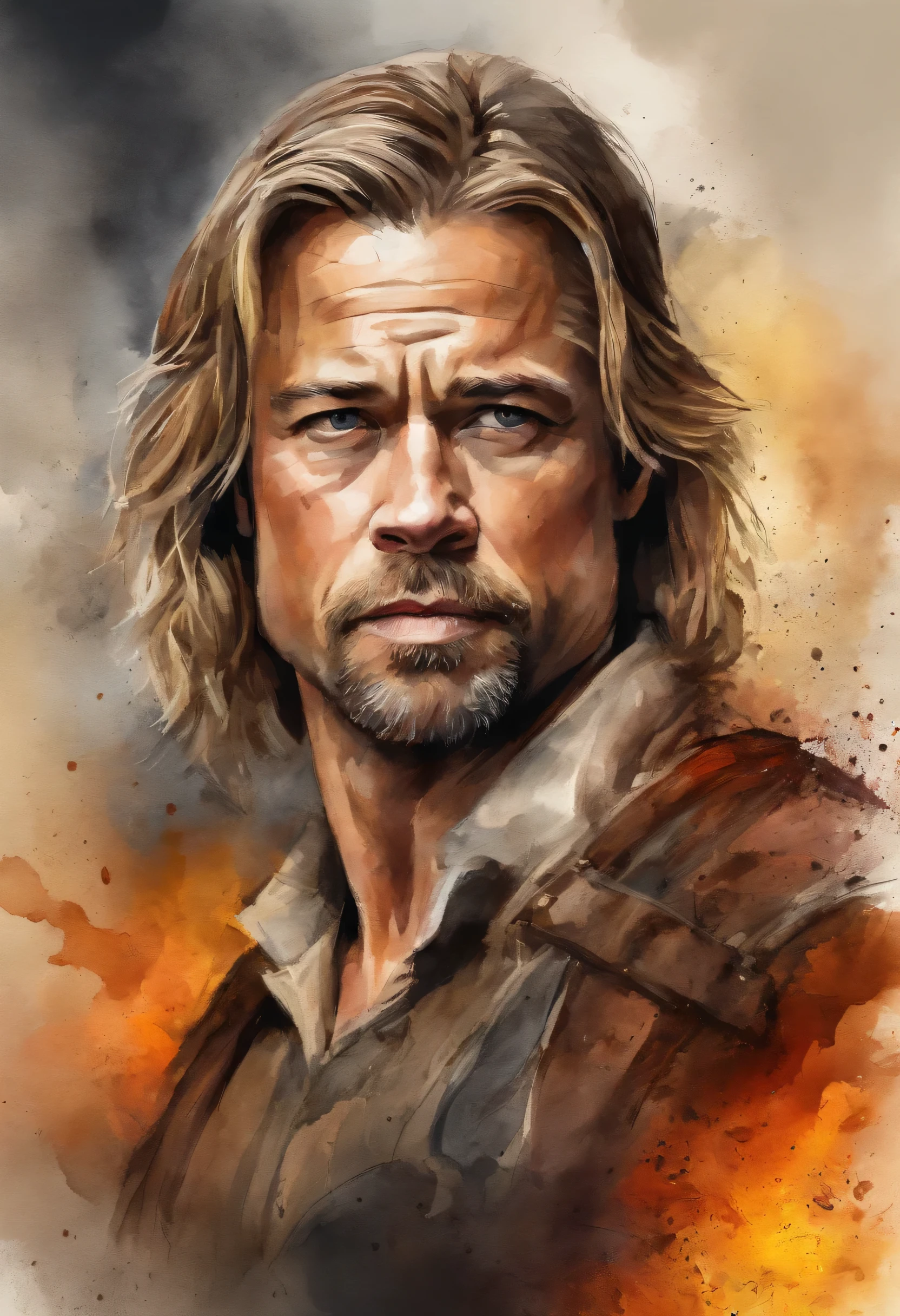 design de camiseta, 2D Illustration, arte centrada, chamas rugindo ao fundo, rosto de Brad Pitt Sandor Clegane Cabelo loiro de Game of Thrones, gothic colors, climate of tension and terror, Half of his face is burned like Harvey Dent, rosto coberto de cicatrizes, Adobe illustration, trends on Artstation, 8k, High definition, obra de arte, arte linda, detalhes intrincados , -