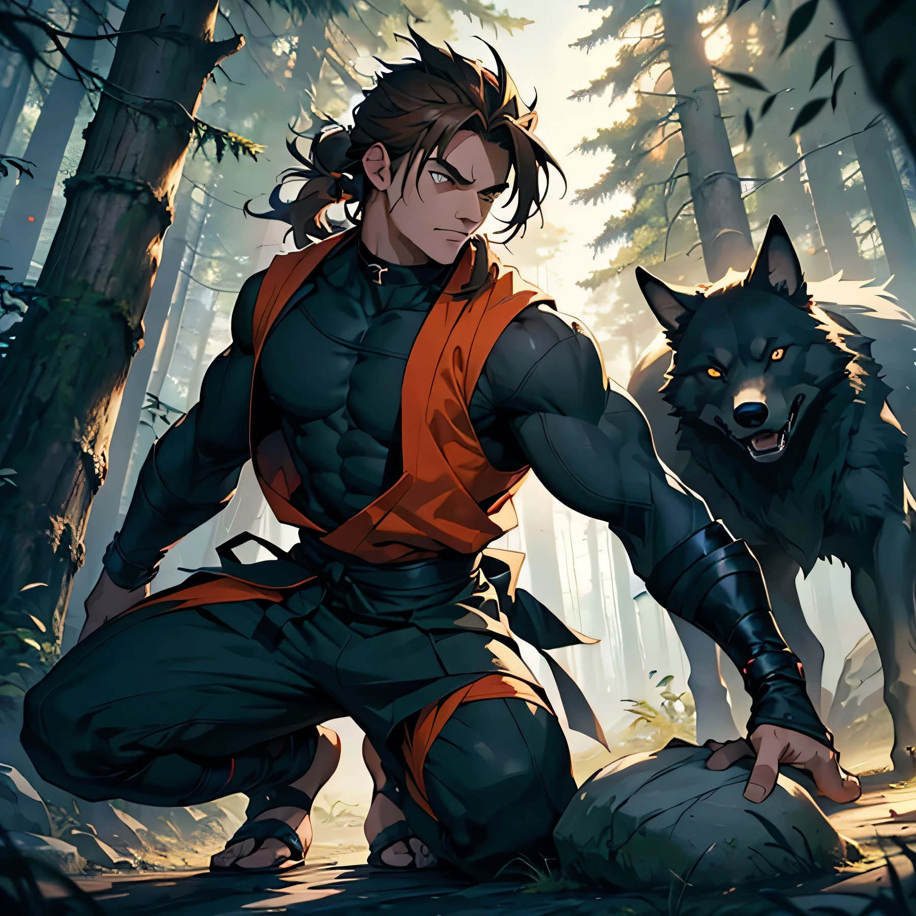 Male , man An ultra-detailed, realistic, and high-quality masterpiece (best quality, 4k, 8k, highres, masterpiece:1.2) depicting a wild ninja in Naruto style. The ninja is a canine humanoid, adorned with long, disheveled hair flowing in the wind. The ninja is a master of stone manipulation, showcasing their incredible control over the elements. The scene is set in a mysterious forest at dusk, with the fading light casting long shadows on the trees. The colors are vibrant and vivid, with a mix of deep brown, black and warm oranges creating a striking contrast. The lighting is dramatic, with shafts of light filtering through the branches, illuminating the ninja in a heroic pose. The ninja's eyes gleam with determination, showcasing their mastery and intensity. A man and a wolf, casting a stone jutsu , power of earth, power of stone, in a forest, wolf , animal, detailed face , hair down , disheveled hair , yeux detailes , cheveux maron , brown hair , orange hair , unatached hair , animal eyes , ultra detailed eyes