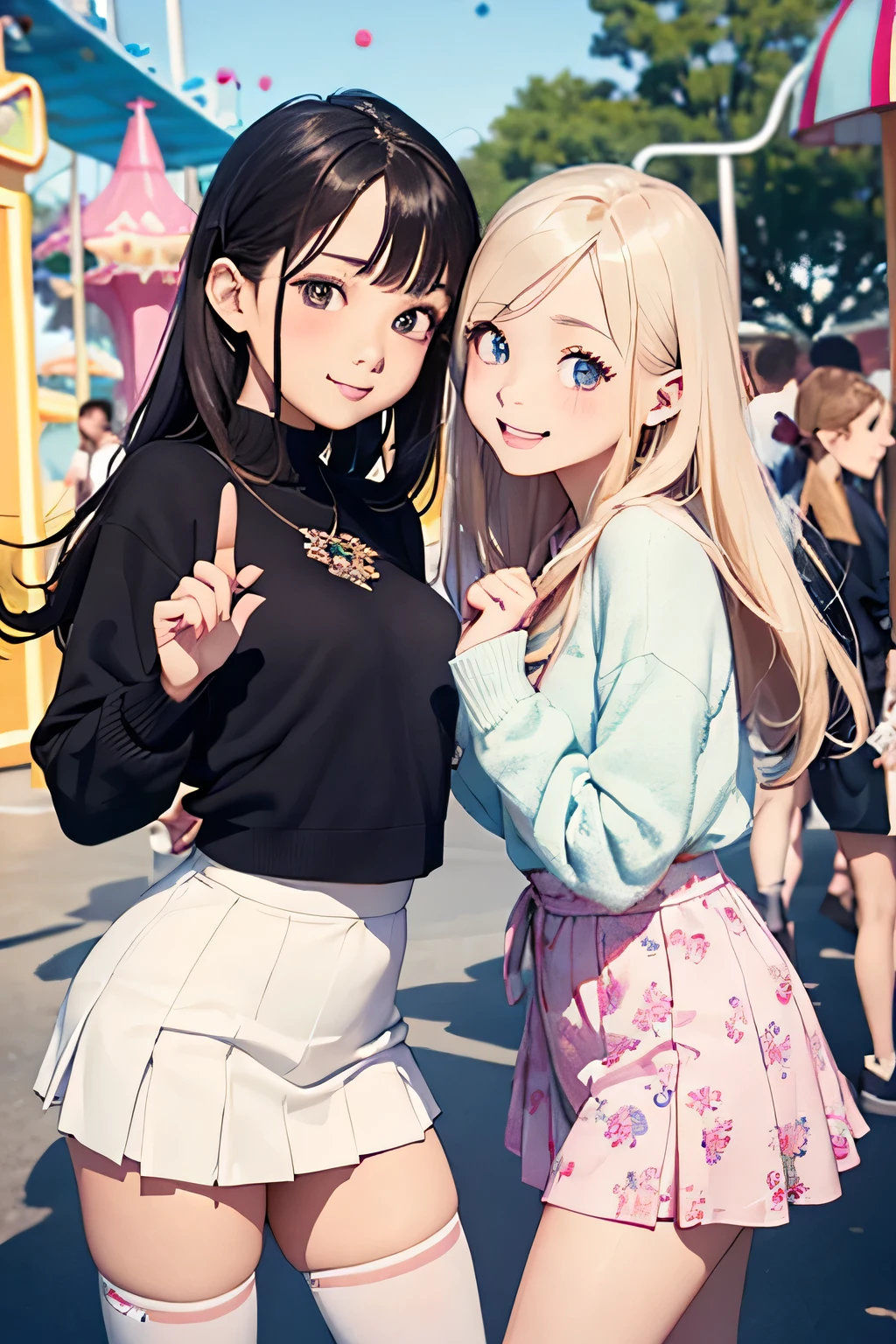 highest quality、High resolution、Detailed Background、(Beautiful face in every detail:1.4)、Anatomically correct、(Draw the usual number of fingers:1.2)、(Detailed facial expressions)、(Detailed eyes:1.2)、(Detailed eyes:1.2)、Beautiful, smooth skin、age beauty、(Highly detailed face:1.4)、cute hair color、Braided Ponytail、Bobcut、Long Hair、Wavy Hairstyle、well-groomed eyebrows、Perfect body line、Cowboy Shot、
(Two pretty girls having fun with friends at an amusement park:1.5)、
Looking at me with a big smile、(White Stockings:1.2)、
Choose a mini skirt with a spring-like pattern or botanical print.、A-line and tight skirts are fashionable.、Pair the top with a blouse that has frills or lace details for a feminine look.、At my feetPair with heels or ballet shoes for a neat look.、
Choose a pleated mini skirt for a feminine look、Pastel colors and patterns are fashionable、Pair it with a light knit top or sweater for a spring look.、At my feet、Pair with loafers or heels、Add a neat look、cute