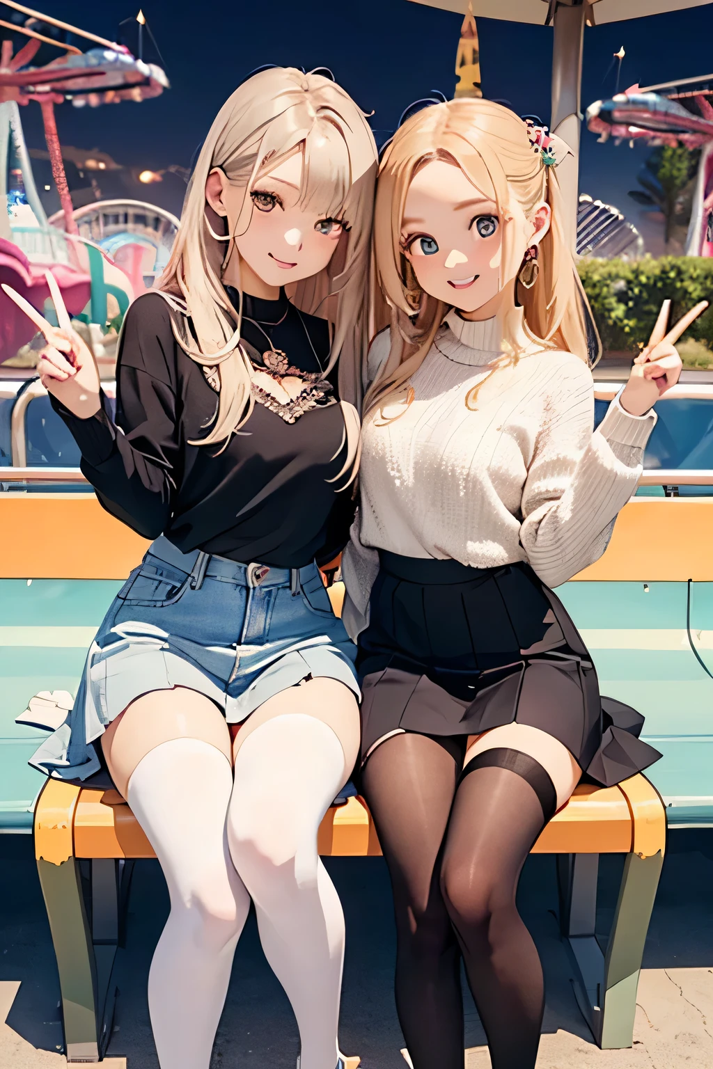 highest quality、High resolution、Detailed Background、(Beautiful face in every detail:1.4)、Anatomically correct、(Draw the usual number of fingers:1.2)、(Detailed facial expressions)、(Detailed eyes:1.2)、(Detailed eyes:1.2)、Beautiful, smooth skin、Teenage beauty、(Highly detailed face:1.4)、cute hair color、Braided Ponytail、Bobcut、Long Hair、Wavy Hairstyle、well-groomed eyebrows、Perfect body line、Cowboy Shot、

(Two pretty girls having fun with friends at an amusement park:1.5)、

Looking at me with a big smile、(White Stockings:1.2)、

Choose a mini skirt with a spring-like pattern or botanical print.、A-line and tight skirts are fashionable.、Pair the top with a blouse that has frills or lace details for a feminine look.、At my feetPair with heels or ballet shoes for a neat look.、

Choose a pleated mini skirt for a feminine look、Pastel colors and patterns are fashionable、Pair it with a light knit top or sweater for a spring look.、At my feet、Pair with loafers or heels、Add a neat look、cute