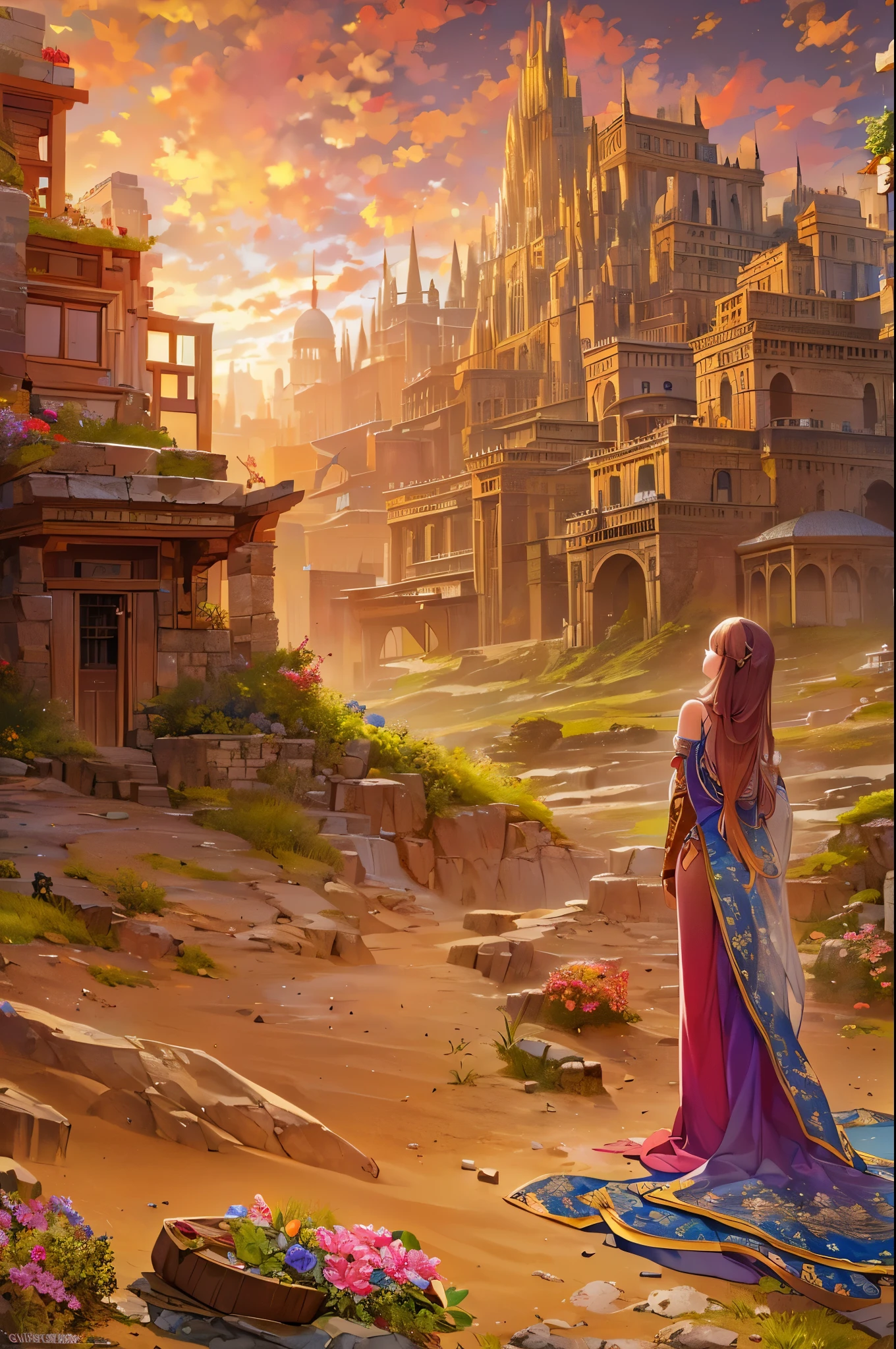 ((highest quality)),(Ultra-high resolution),(Very detailed),(Detailed Description),((The best CG)),(A masterpiece),Ultra-precise art,Amazing drawing art,(Art with precise detail:1.5), (Adult female:1.5), desert, town,