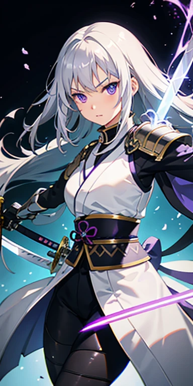 One girl, Japanese Armor, Gray Hair, Purple eyes, sword, ((holding sword)), Blue Flame, Glowing Weapons, Particles of light, wallpaper, chromatic aberration