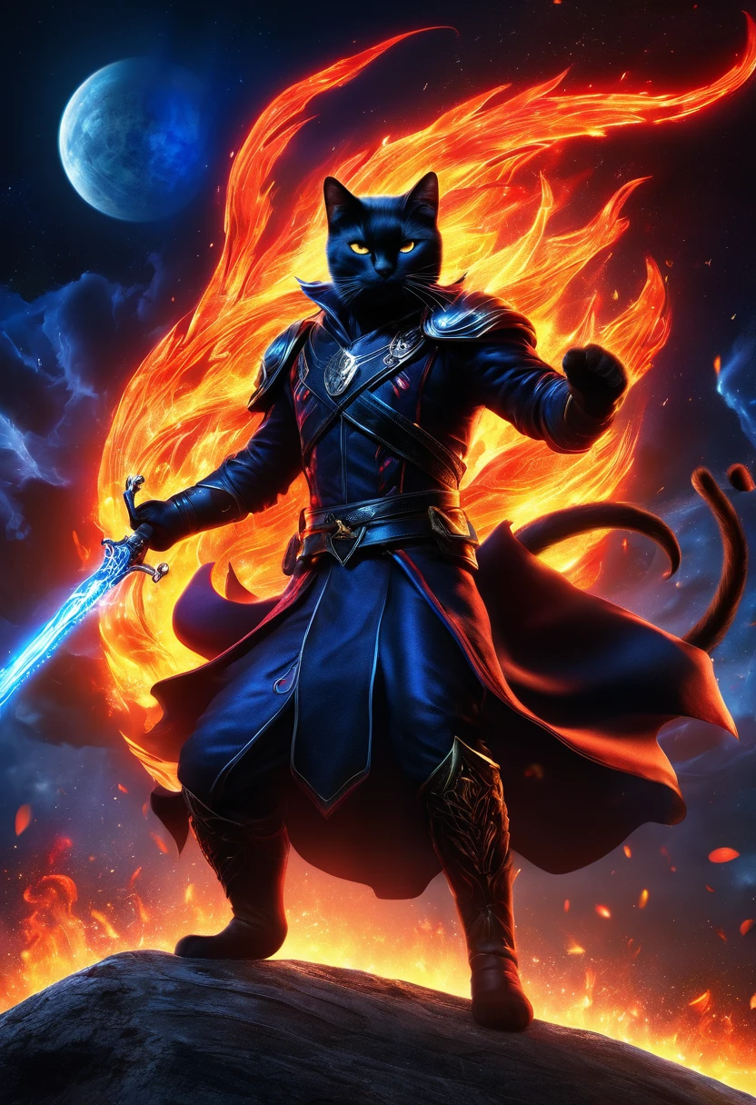 (CG, UHD, masterpiece, anatomically correct, super detail, high details, highres, best quality), HD, Digital Art, universe, Biggest Smile:1.5, whole body, black cat, Red flames come out of his right hand and blue flames come out of his left hand, He has a sword at his waist