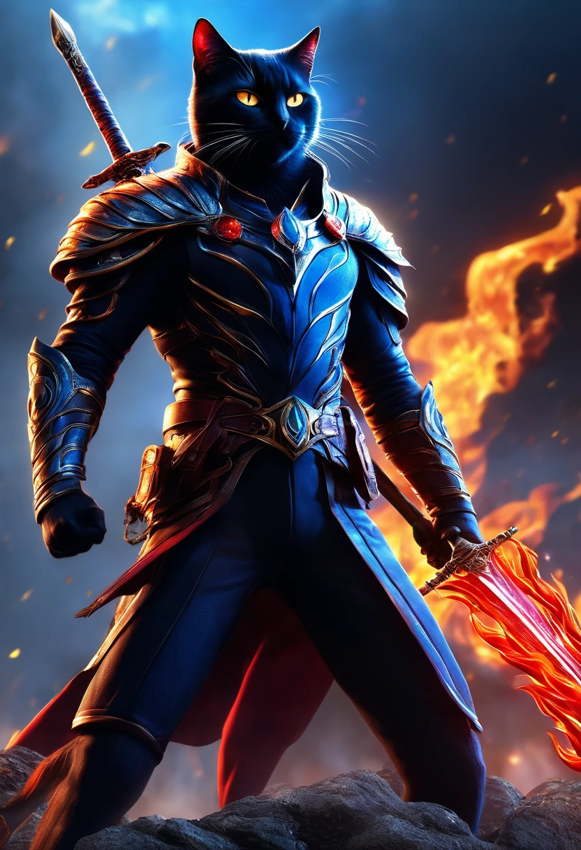 (CG, UHD, masterpiece, anatomically correct, super detail, high details, highres, best quality), HD, Digital Art, universe, Biggest Smile:1.5, whole body, black cat, Red flames come out of his right hand and blue flames come out of his left hand, He has a sword at his waist