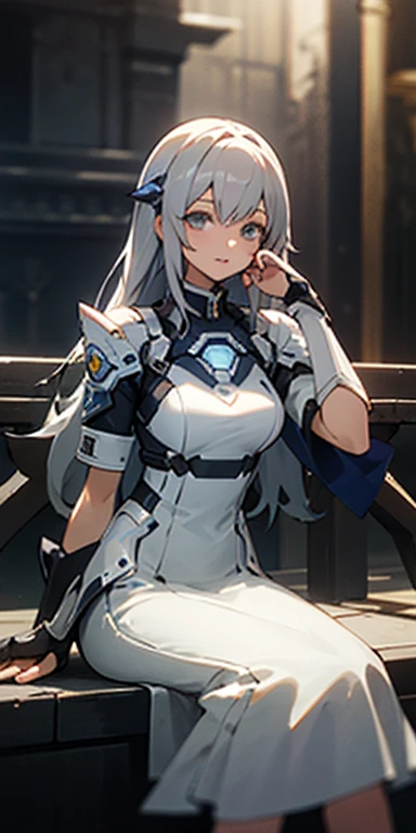 (masterpiece, highest quality),One girl with long grey hair sitting on the edge of a building, Phantasy Star Online 2 New Genesis, She placed her hand under her chin, Warm lighting, White Dress, Blurred foreground