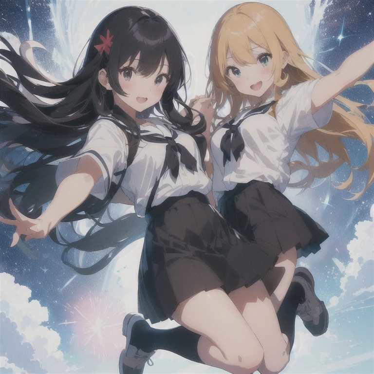 anime girl in a skirt and a white shirt is jumping, anime moe artstyle, jump pose, marin kitagawa fanart, anime pose, fubuki, full body!! dynamic pose, ikki tousen, tatsumaki, various pose, pose(arms up + happy), hinata hyuga, by Jin Homura, !!full body portrait!!,white,Cang,black,highest quality, best quality