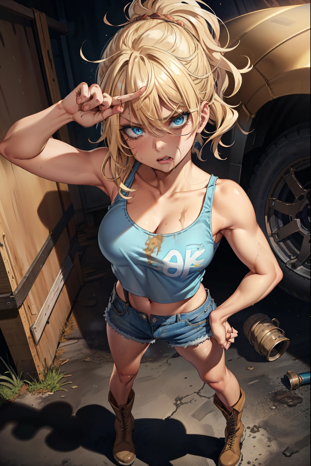 ,blue eyes, blonde hair, ruined makeup, (extremely detailed CG unity 4k wallpaper),(masterpiece),(best quality),(ultra-detailed),(best illustration),(best shadow),(absurdres),(detailed background), Trailer park trash, Short blonde hair (unkempt and messy), Croptop tank top (dirty), denim short skirt (dirty), Cowgirl boots, drunk angry expression,Standing Aggressive pose,