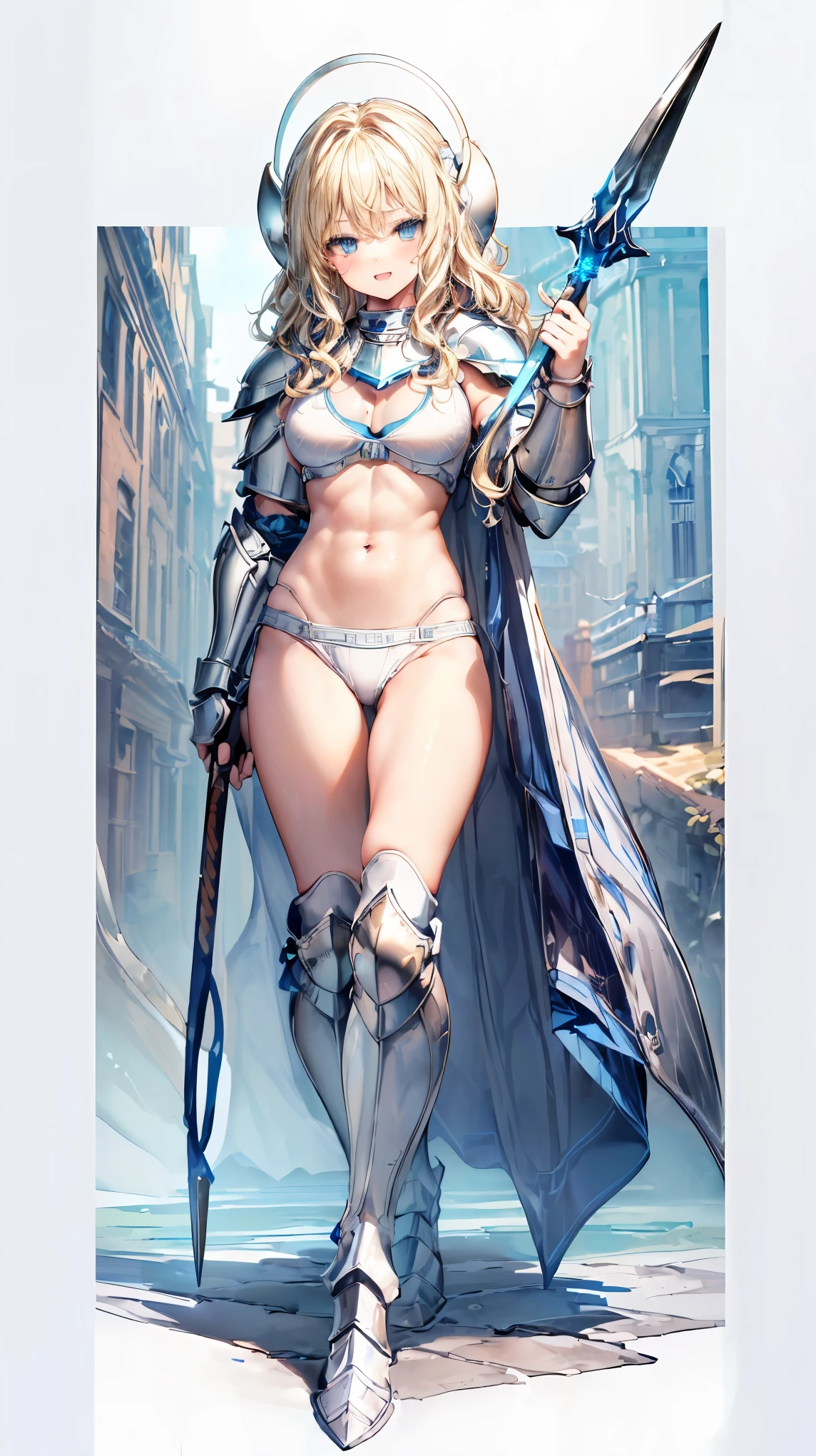 Very detailed、highest quality、(Best image quality:1.5)、(masterpiece:1.5)、8k、Anime Face、A kind smile、Open Mouth、(Beautiful bright blue eyes:1.5)、(Blonde wavy hair:1.5)、Muscles of the whole body、Thigh belt、(Wearing off-white bikini armor:1.5)、(Cowboy Shot:1.6)、(Wearing a helmet:1.5)、(Holding a spear:1.5)、Warm lighting