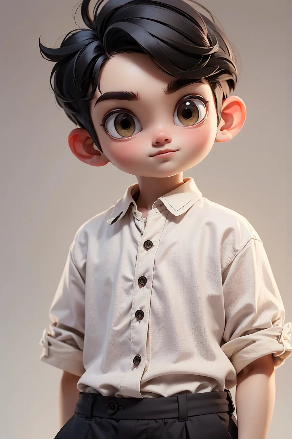 (masterpiece, best quality), 1 boy, Dark black short hair，smart，Crewneck shirt. Midi-length loose-fitting shirt in linen，Loose cotton and linen throuses, only, Looking at the camera casually，front，White background，whole body, full body.