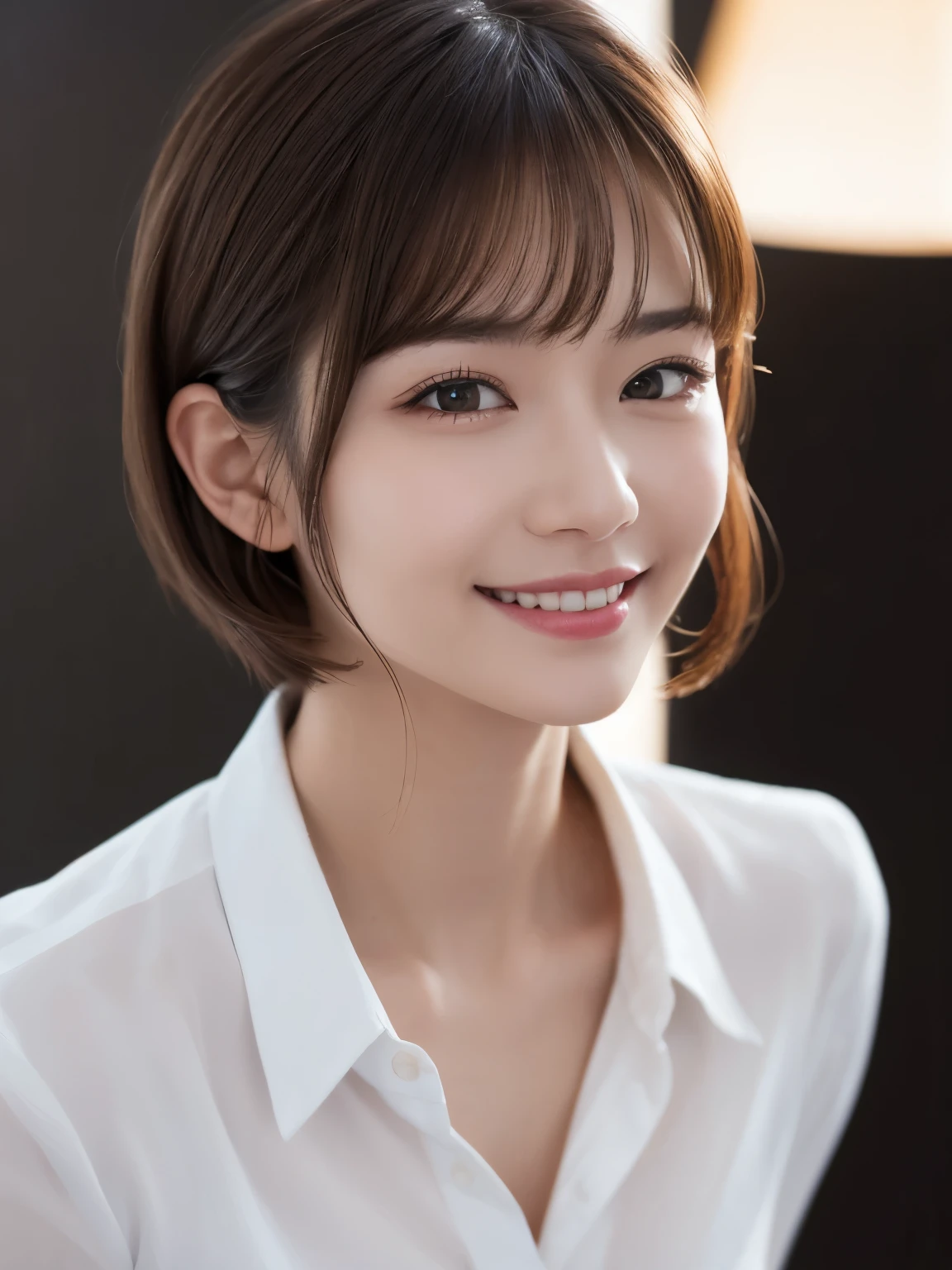 One Girl, (Dress in trendy fashion:1.2), (RAW Photos, highest quality), (Realistic, Photorealistic:1.4), Tabletop, Very delicate and beautiful, Very detailed, 2k wallpaper, wonderful, In detail, Very detailedな CG Unity 8K 壁紙, Very detailedな, High resolution, Soft Light, Beautiful detailed girl, looking at the camera、Very detailedな目と顔, Beautifully detailed nose, Beautiful fine details, short hair, small, Black suit and white shirt、White background、Background is white、Cinema Lighting, Perfect Anatomy, Slender body, smile,
