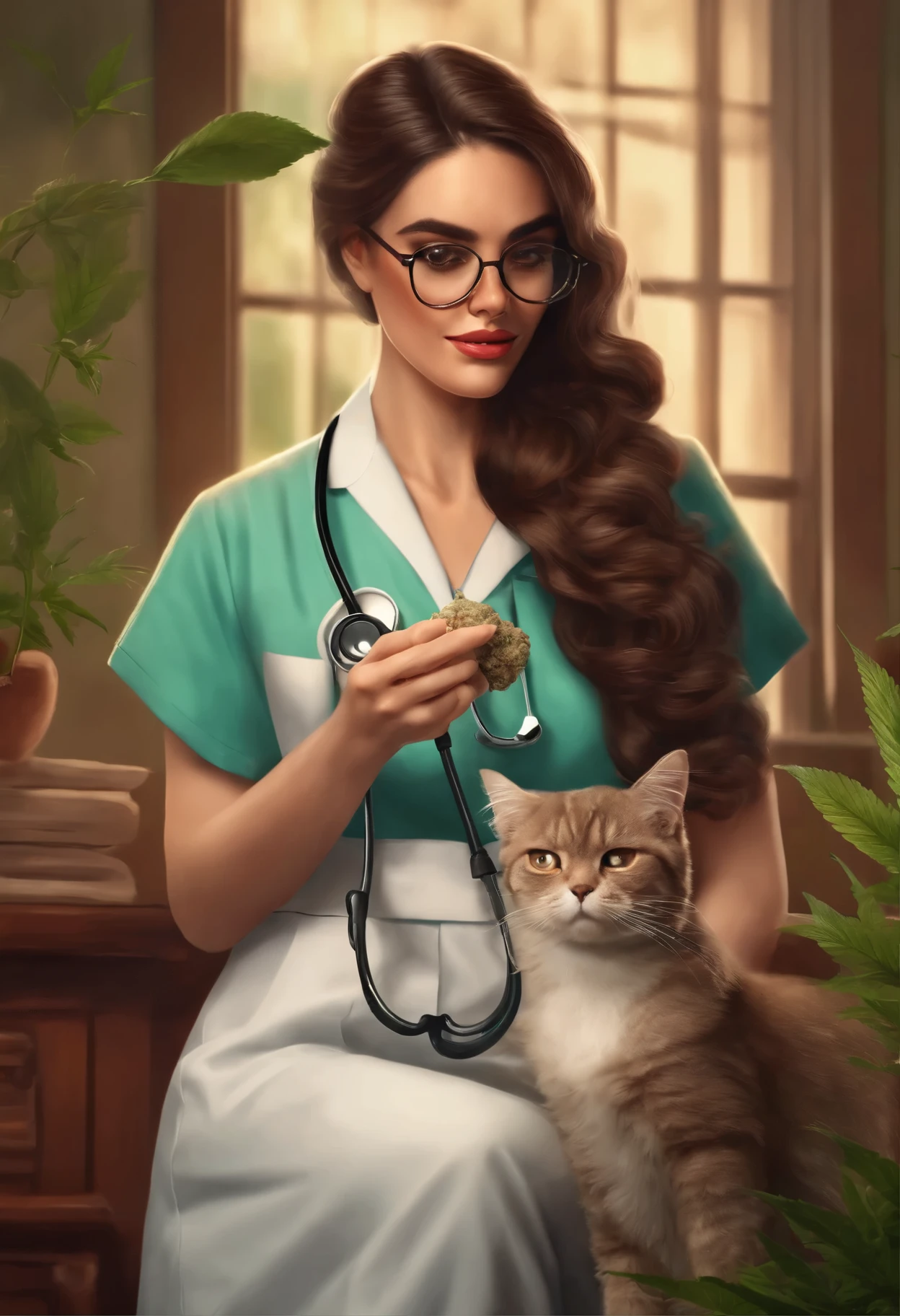 Crea un personaje estilo vida real, a brunette veterinarian in a medical gown and a stethoscope., holding a bottle of cannabis medication, con cabello largo y lacio, Hazel brown eyes and round glasses., con perro y un gato con ella