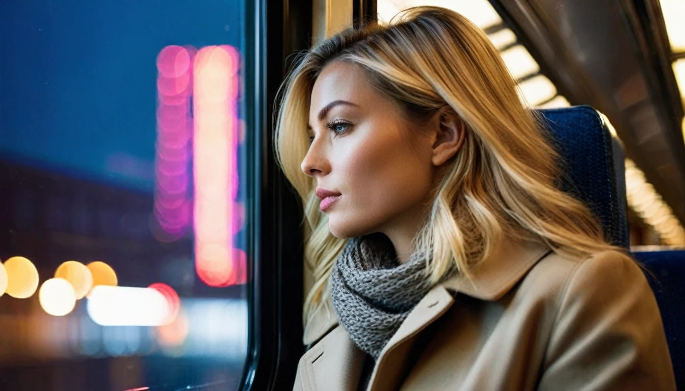 side view, ((half body )) portrait photo of a beautiful 35 years old european woman sitting on a train ((at dark night)) beside the window, wearing beige colored coat with white blouse, looking out the window of the train can see the moving houses of the megacity with colorful nightlights, reflective surfaces, city lights of the skyscrapers and reflections on the train's window. She is reflected in the train window. The train is travelling through in a megacity at night. She has (long wavy blonde hair blown in the wind), Award - winning photograph, Masterpiece, 16k, ultra high res, hyper detailed, vintage filter,sfumato, chiaroscuro, beautiful woman, perfect face, rule of thirds, highly detailed hair, ((detailed face)), ((detailed facial features)), (finely detailed skin), pale skin, intricate details, amazing fine detail, photorealistic, photograph, photorealism, rich colors, lifelike texture, neutral colors, Soft front light,cinematic lighting, dramatic lighting,dappled light on face, backlight on hair, sharp focus, wide angle, film grain, dslr, raw photo, photographed on Nikon