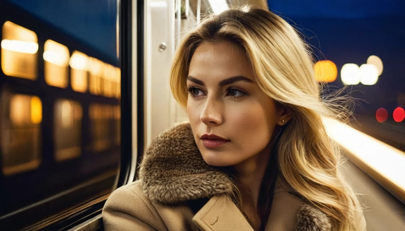 side view, ((half body )) portrait photo of a beautiful 35 years old european woman sitting on a train ((at dark night)) beside the window, wearing beige colored coat with white blouse, looking out the window of the train can see the moving houses of the megacity with colorful nightlights, reflective surfaces, city lights of the skyscrapers and reflections on the train's window. She is reflected in the train window. The train is travelling through in a megacity at night. She has (long wavy blonde hair blown in the wind), Award - winning photograph, Masterpiece, 16k, ultra high res, hyper detailed, vintage filter,sfumato, chiaroscuro, beautiful woman, perfect face, rule of thirds, highly detailed hair, ((detailed face)), ((detailed facial features)), (finely detailed skin), pale skin, intricate details, amazing fine detail, photorealistic, photograph, photorealism, rich colors, lifelike texture, neutral colors, Soft front light,cinematic lighting, dramatic lighting,dappled light on face, backlight on hair, sharp focus, wide angle, film grain, dslr, raw photo, photographed on Nikon
