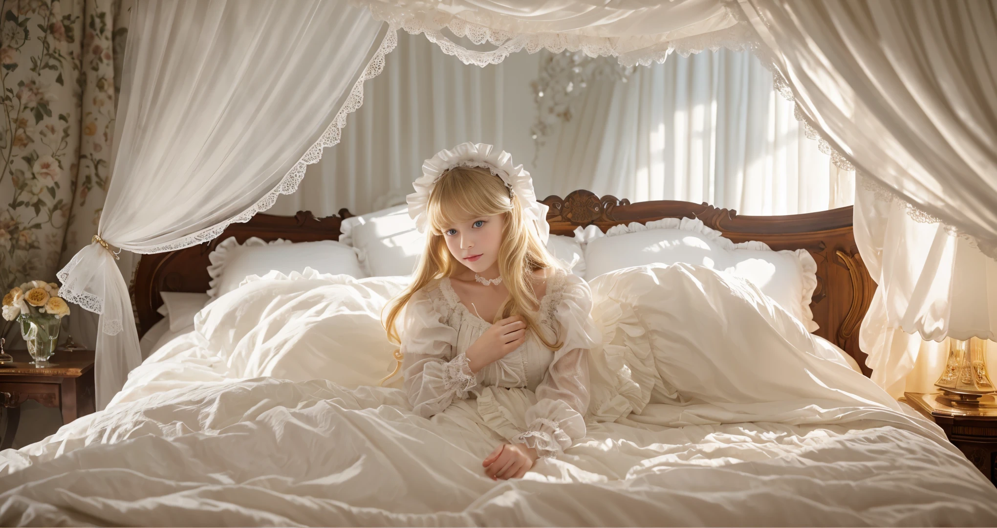 ,highest quality, masterpiece, Highest Resolution, artwork, super それにGet used to it, many Get used to it, Get used to it, それにGet used to it, 3K realistic photos,,((A 10 year old girl)),Super detailed baby face, Beautiful girl illustration,Beautiful detailed face Detailed hair,Detailed human eye ,Mouth details, Arm details,Beautiful Hands, Super detailed baby face, Beautiful girl illustration,Beautiful detailed face Detailed hair,Detailed human eye ,Mouth details, Arm details,Beautiful Hands, European,(((Super long curly blonde))),blue eyes,pajamas,Nightwear,((((White nightgown)))),((フリルとリボンが沢山付いたWhite nightgown)),((1920s style nightgown)),Detailed ruffled yoke collar、Put on a nightcap,((Frill and ribbon nightcap)),victorian nightgown,Yoke collar with ruffles and bow,Ruffled long sleeves,Long skirt up to the ankles、White ruffle and lace socks,Wear slippers with frills or ribbons,A pillow with large frills and ribbons,Attention to detail in the costumes,Detailed pillow,Luxurious canopy bed,Huge king size bed,(((Rococo style four-poster canopy bed))),(((Gorgeous curtains on either side and behind the bed。))),Behind the girl is a pile of frilly pillows.,Highly detailed background,Marie Antoinette's bed with attention to detail,Romantic atmosphere,((Her legs are hidden under the fluffy duvet and the skirt of her nightgown..)),((I can't see my feet)),((((The feet are not drawn)))),