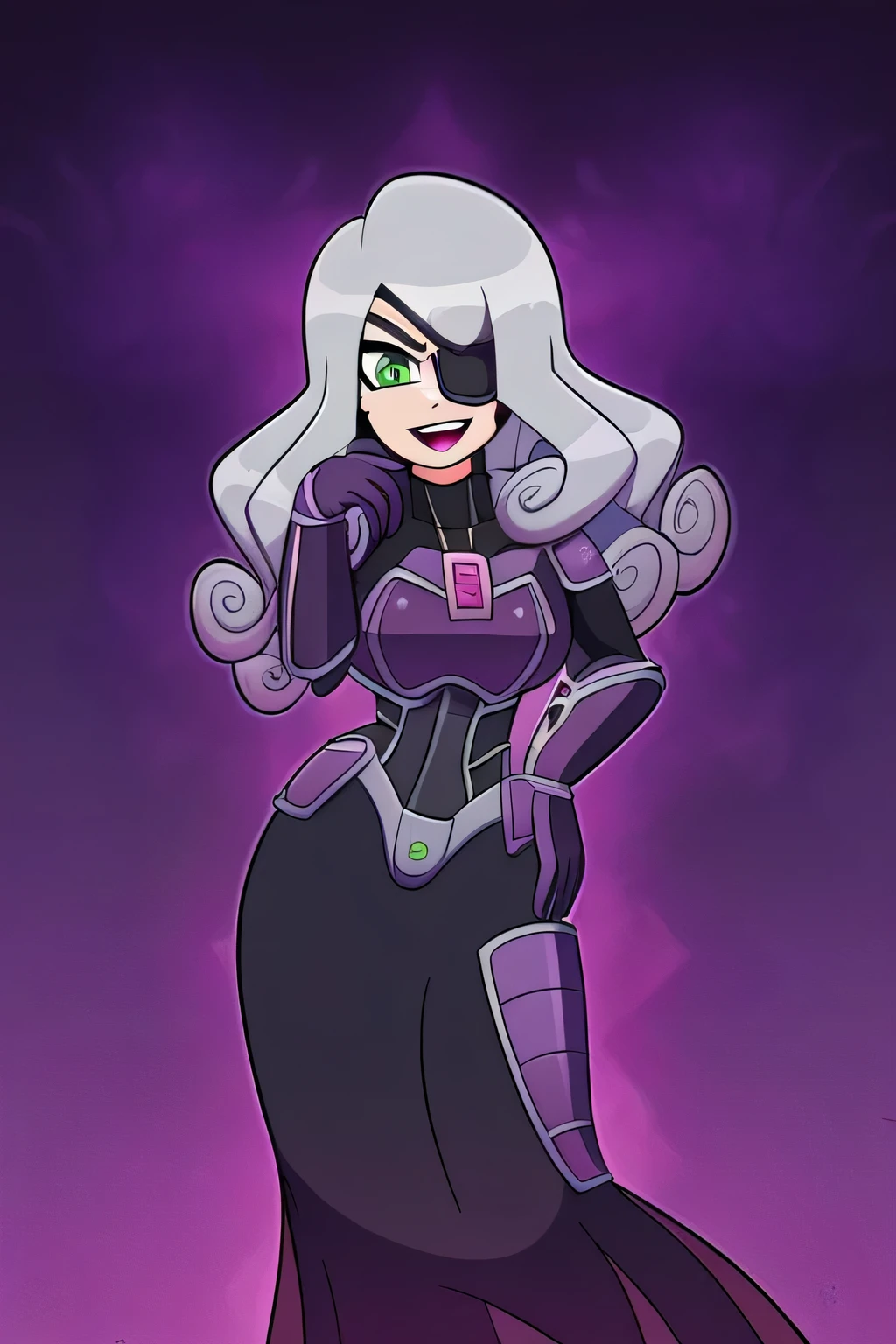 A girl goddess tall dark dark evil laugh long curly hair light gray wavy Mencho pink side her blooming green eye her suit armor century purple cover purple metal patch big chest and her long skirt steel purple metal silver iron skirt stand boot golden